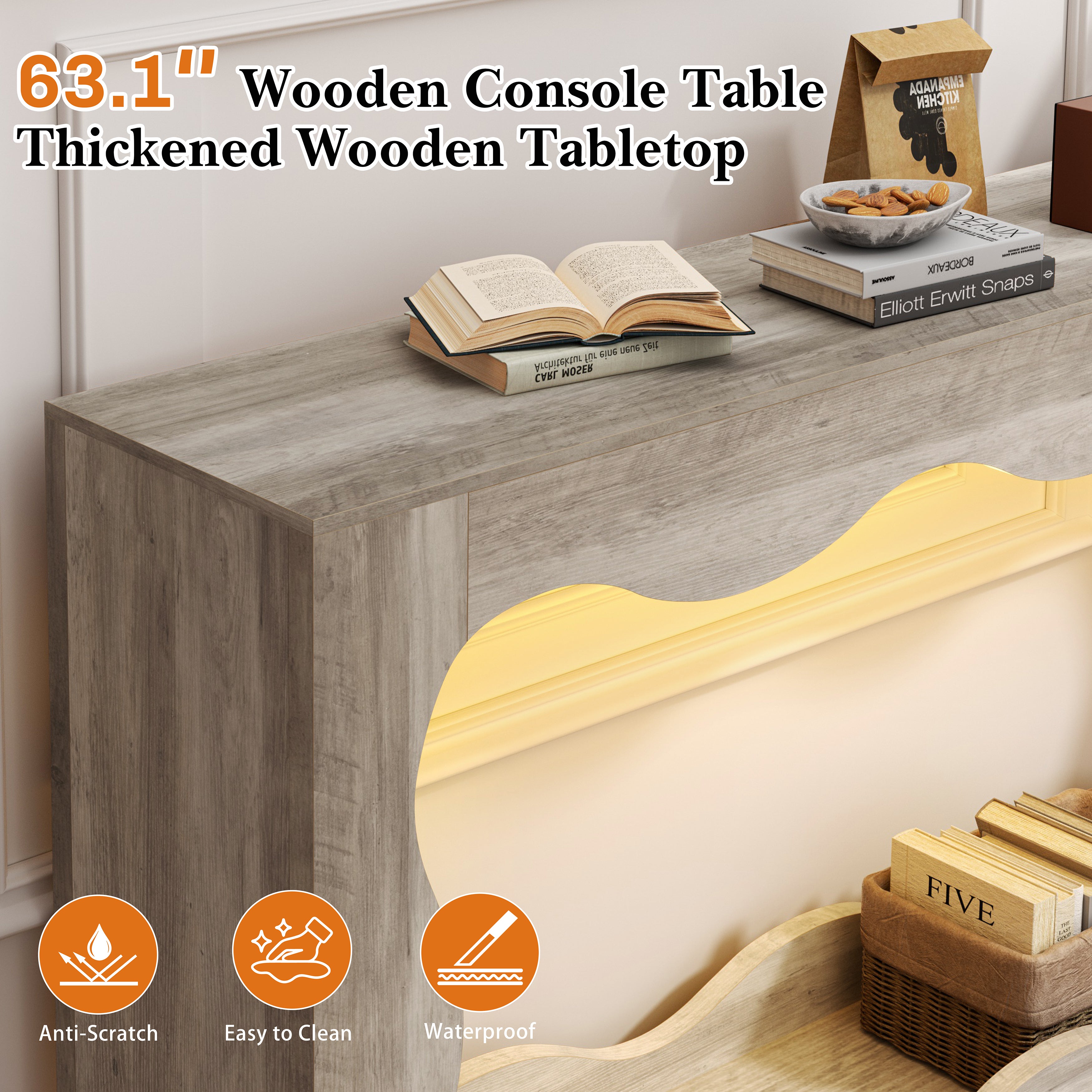 Vongrasig 63-Inch Farmhouse Entryway Table with Light Strips, Scalloped Console Table with Built-in Storage, Narrow Long Behind Couch, Wooden Curvilinear Sofa Table for Entrance, Hallway