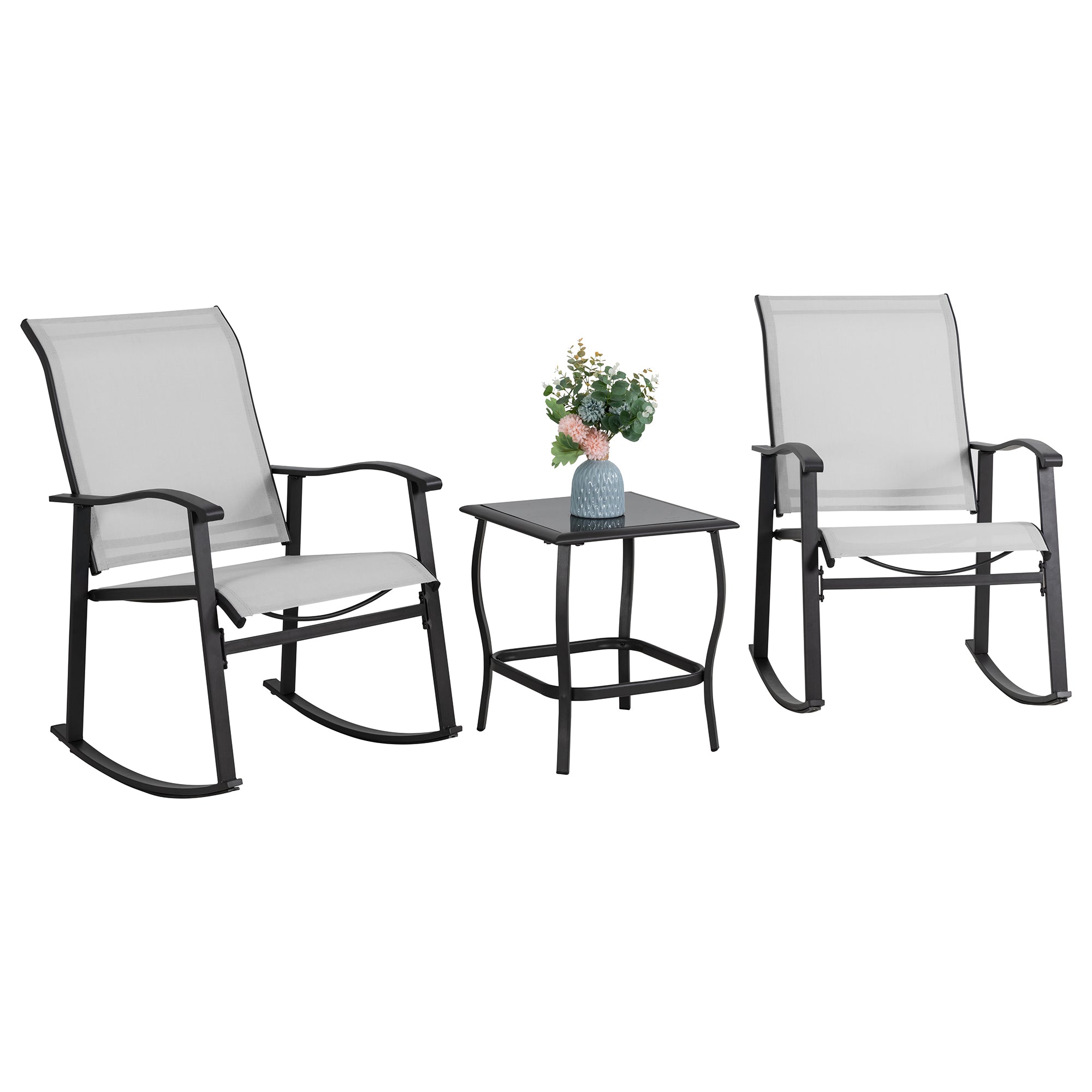 Vongrasig 3 Piece Outdoor Rocking Bistro Set, Textilene Fabric Small Patio Furniture Set, Front Porch Rocker Chairs Conversation Set with Glass Table for Lawn, Garden, Balcony, Poolside