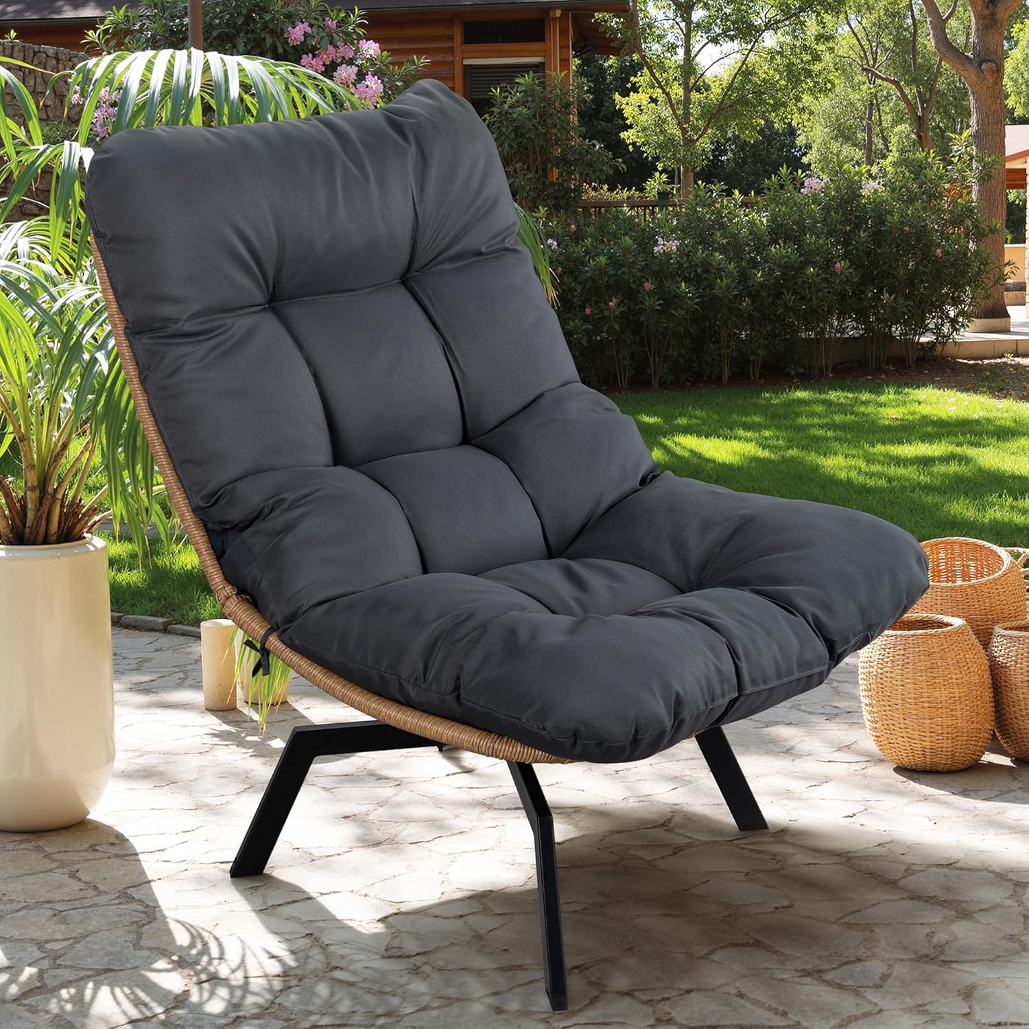 Vongrasig Swivel Wicker Chair PE Rattan Chair with Cushion, Oversized Patio Lounge Chair for Outdoor, Indoor, Balcony, Backyard, Garden, Living Room