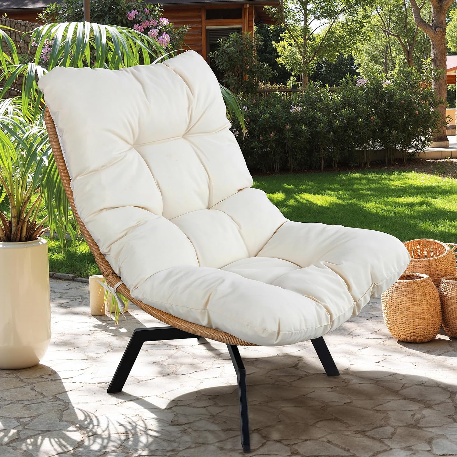 Vongrasig Swivel Wicker Chair PE Rattan Chair with Cushion, Oversized Patio Lounge Chair for Outdoor, Indoor, Balcony, Backyard, Garden, Living Room