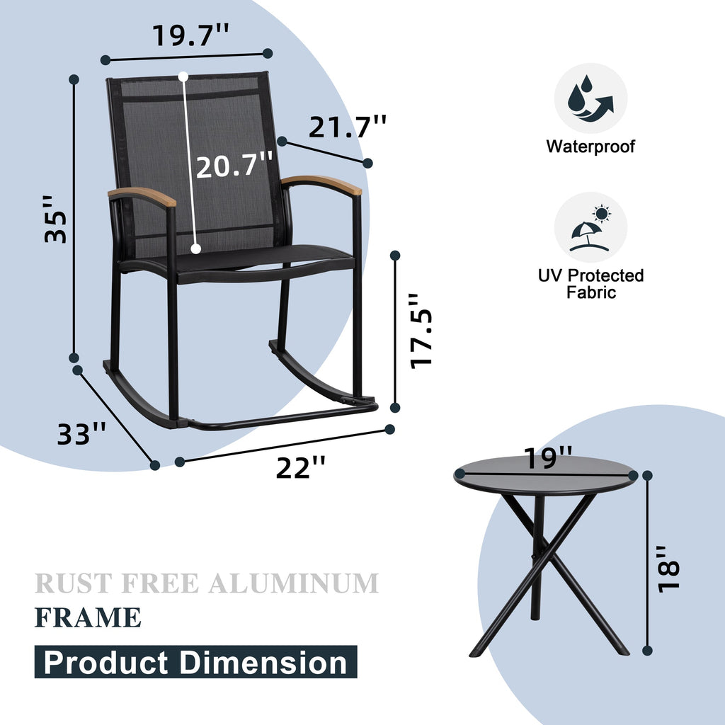 Walsunny 3 Pieces Patio Set Outdoor Patio Furniture Sets Modern Rocking Bistro Set Textilene Chair Conversation Sets Black (7609554796720)