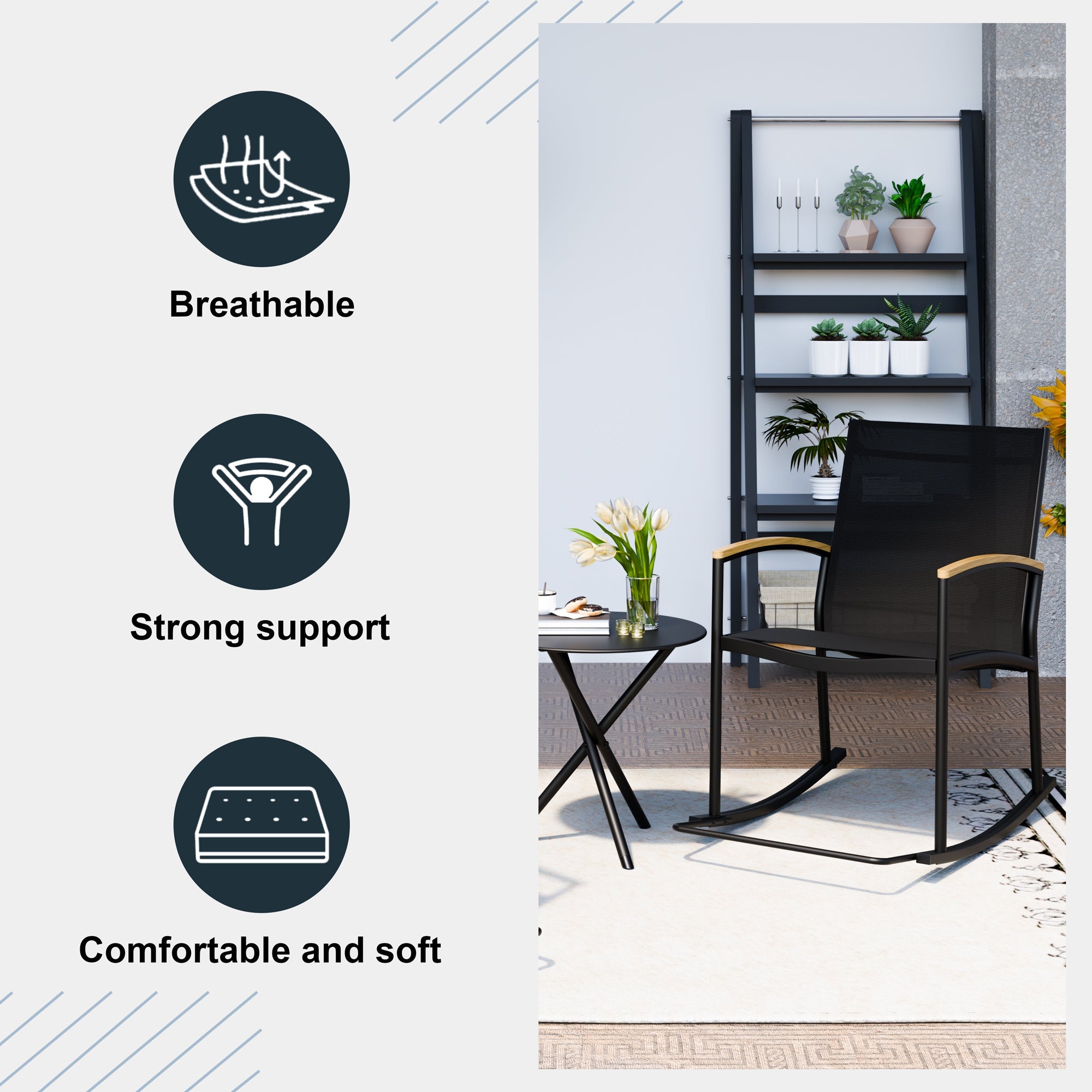Walsunny 3 Pieces Patio Set Outdoor Patio Furniture Sets Modern Rocking Bistro Set Textilene Chair Conversation Sets Black (7609554796720)