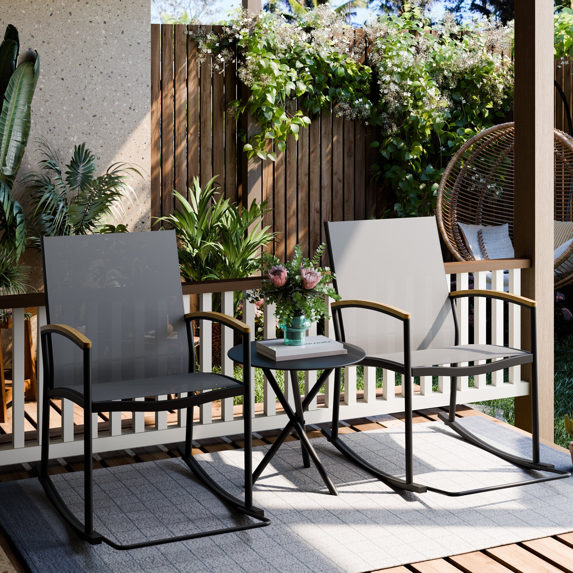 Walsunny 3 Pieces Patio Set Outdoor Patio Furniture Sets Modern Rocking Bistro Set Textilene Chair Conversation Sets Black (7609554796720)