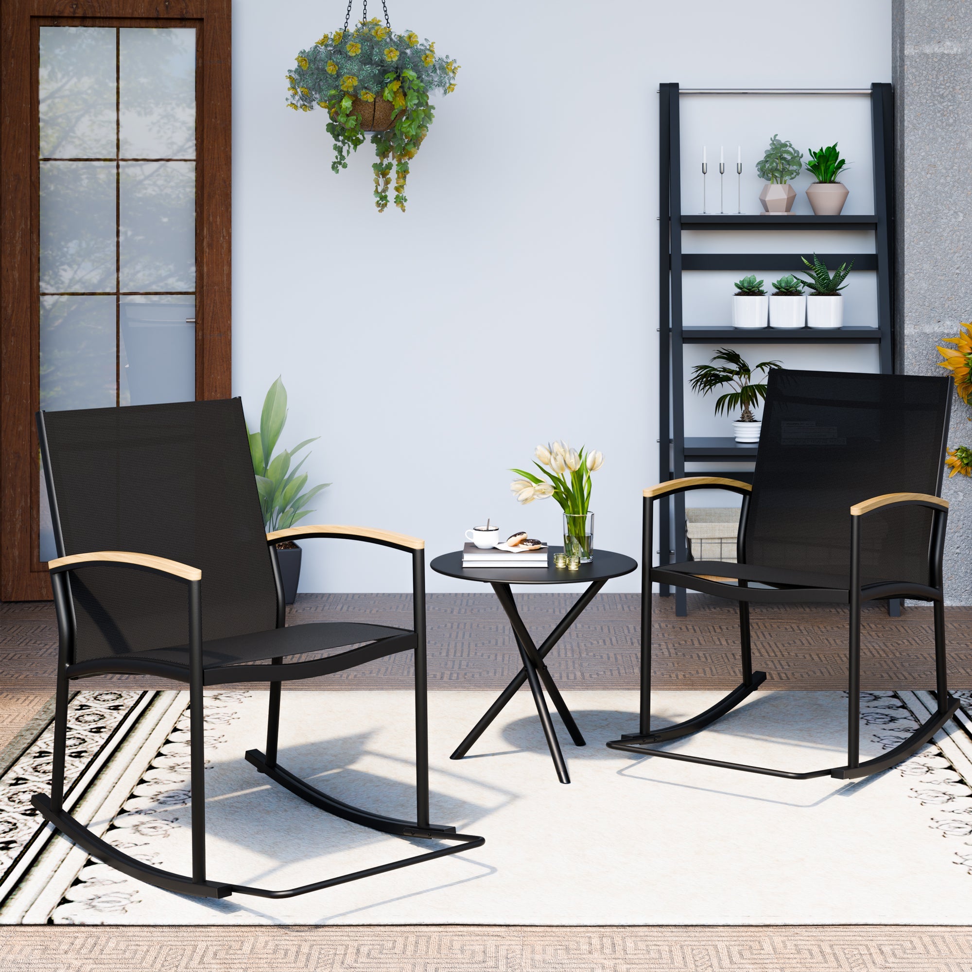 Walsunny 3 Pieces Patio Set Outdoor Patio Furniture Sets Modern Rocking Bistro Set Textilene Chair Conversation Sets Black (7609554796720)