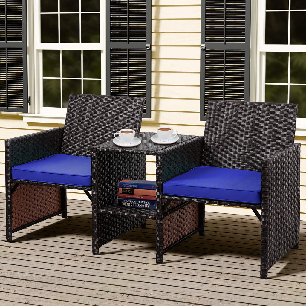 Vongrasig Patio Rattan Conversation Set Seat Sofa Cushioned Loveseat Table Chairs Dark Blue