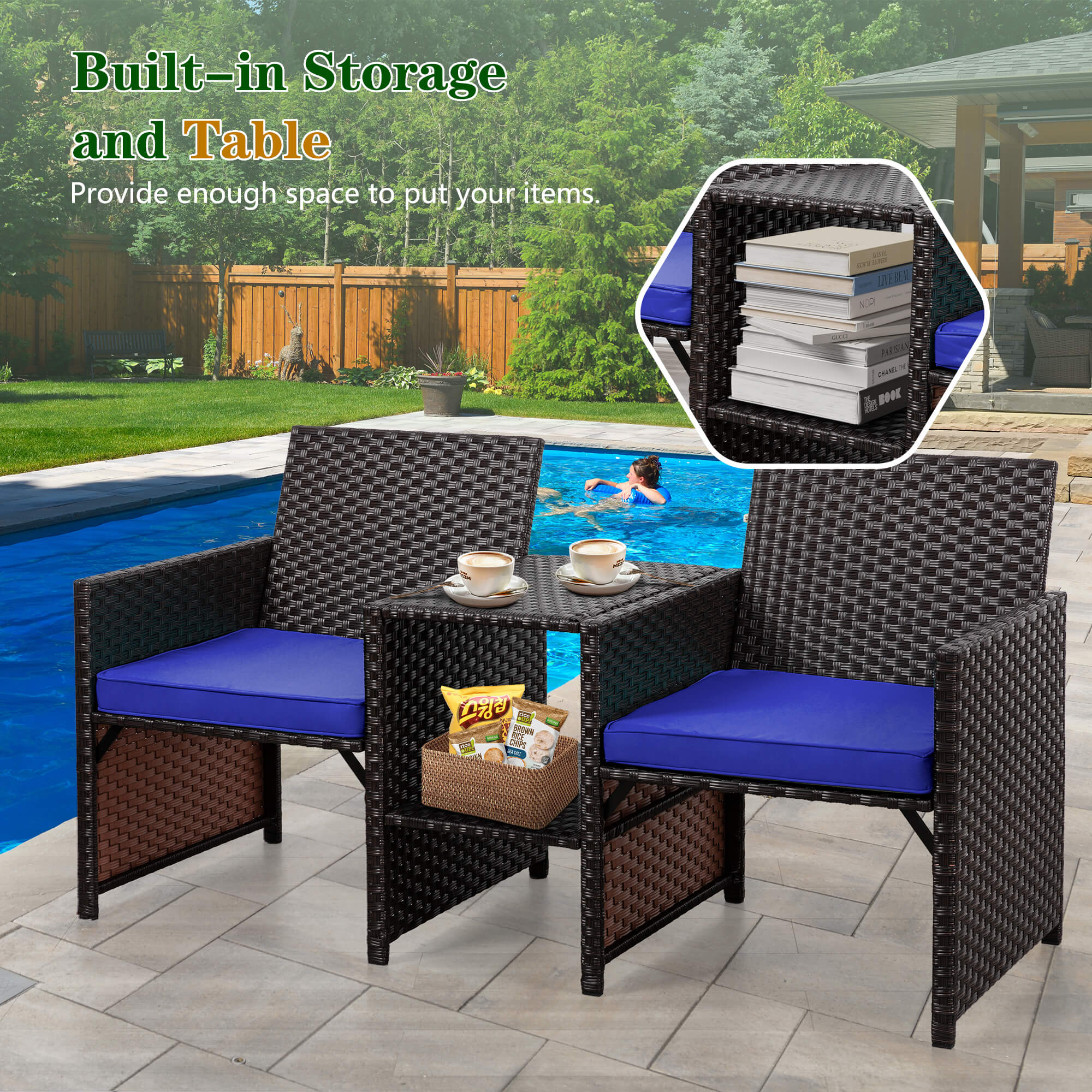 Vongrasig Patio Rattan Conversation Set Seat Sofa Cushioned Loveseat Table Chairs Dark Blue