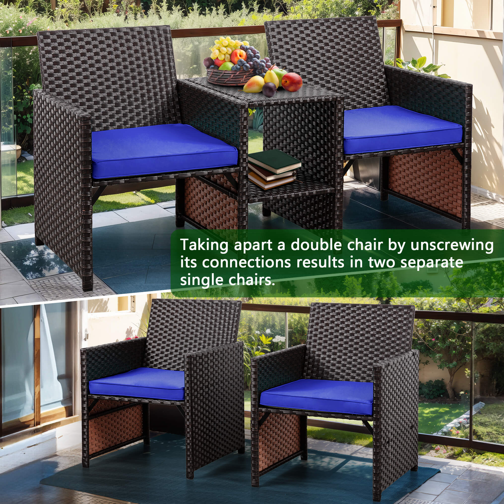 Vongrasig Patio Rattan Conversation Set Seat Sofa Cushioned Loveseat Table Chairs Dark Blue