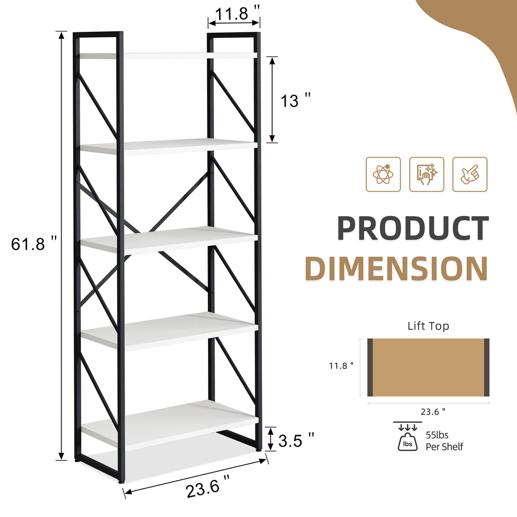 Vongrasig 5 Tier Bookshelf, Modern Industrial Bookcase with Metal Frame | 62” Tall Display Shelf, Free Standing Storage Organizer for Home Office, Living Room, Bedroom
