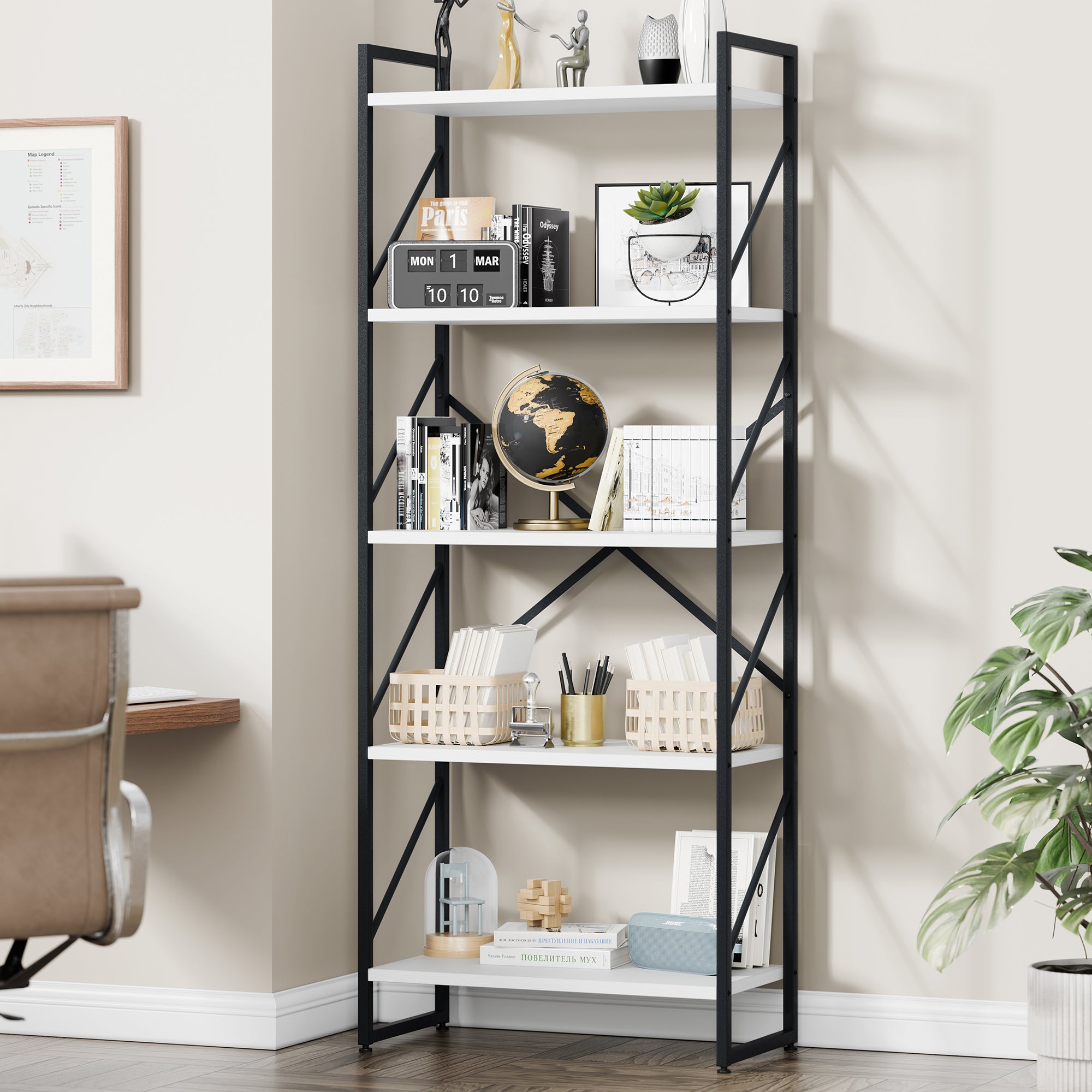 Vongrasig 5 Tier Bookshelf, Modern Industrial Bookcase with Metal Frame | 62” Tall Display Shelf, Free Standing Storage Organizer for Home Office, Living Room, Bedroom