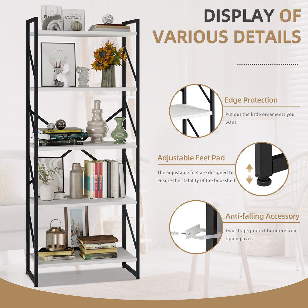 Vongrasig 5 Tier Bookshelf, Modern Industrial Bookcase with Metal Frame | 62” Tall Display Shelf, Free Standing Storage Organizer for Home Office, Living Room, Bedroom