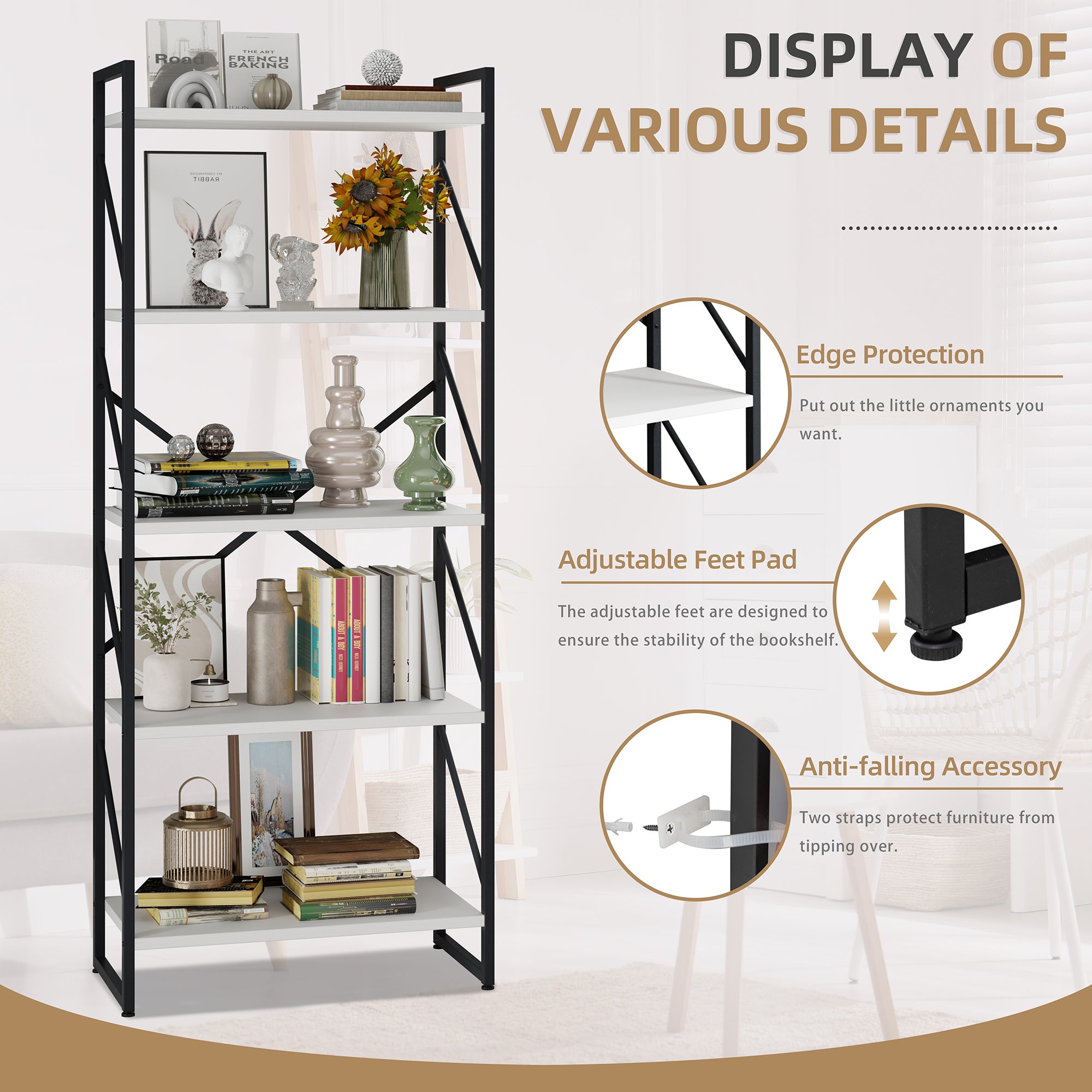 Vongrasig 5 Tier Bookshelf, Modern Industrial Bookcase with Metal Frame | 62” Tall Display Shelf, Free Standing Storage Organizer for Home Office, Living Room, Bedroom