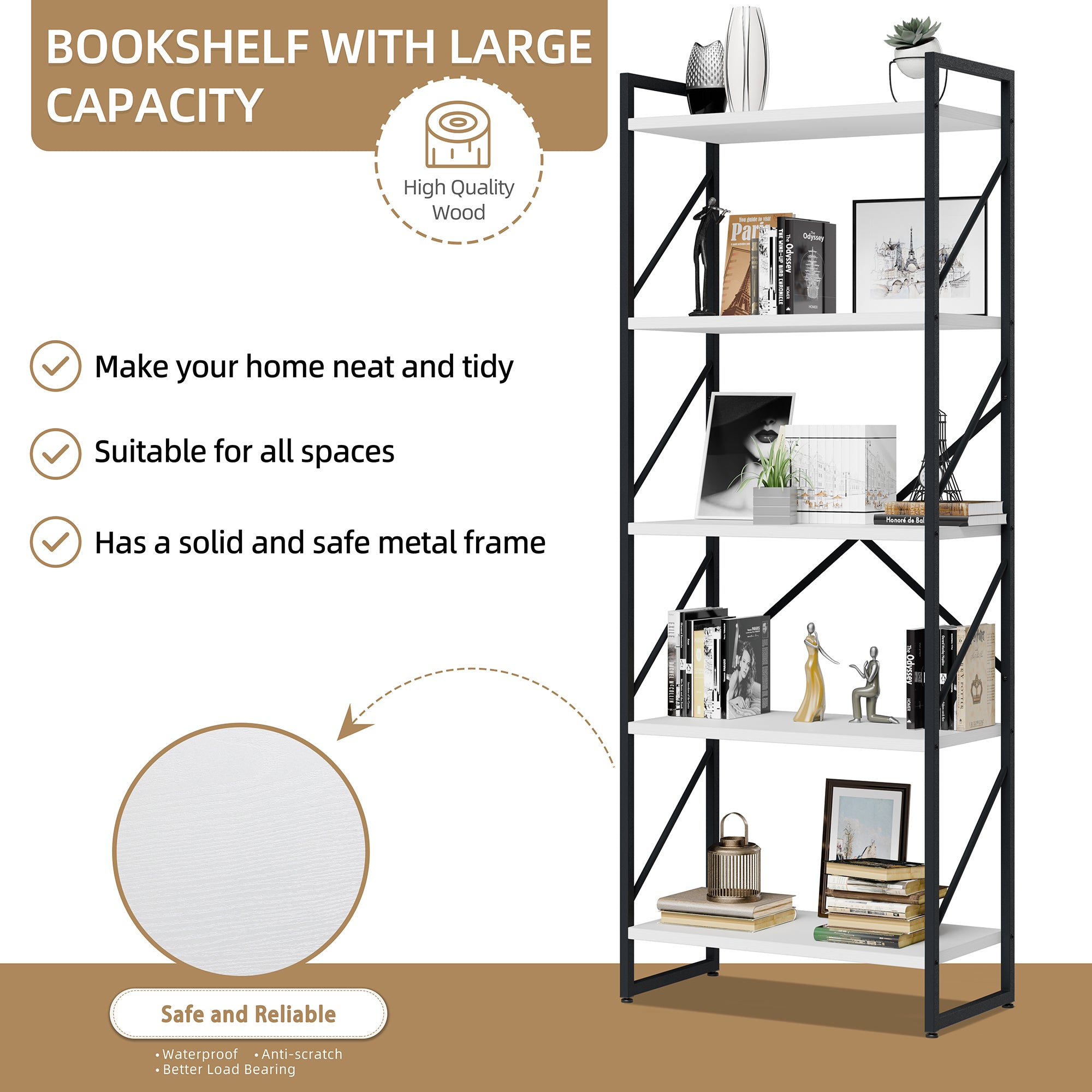 Vongrasig 5 Tier Bookshelf, Modern Industrial Bookcase with Metal Frame | 62” Tall Display Shelf, Free Standing Storage Organizer for Home Office, Living Room, Bedroom
