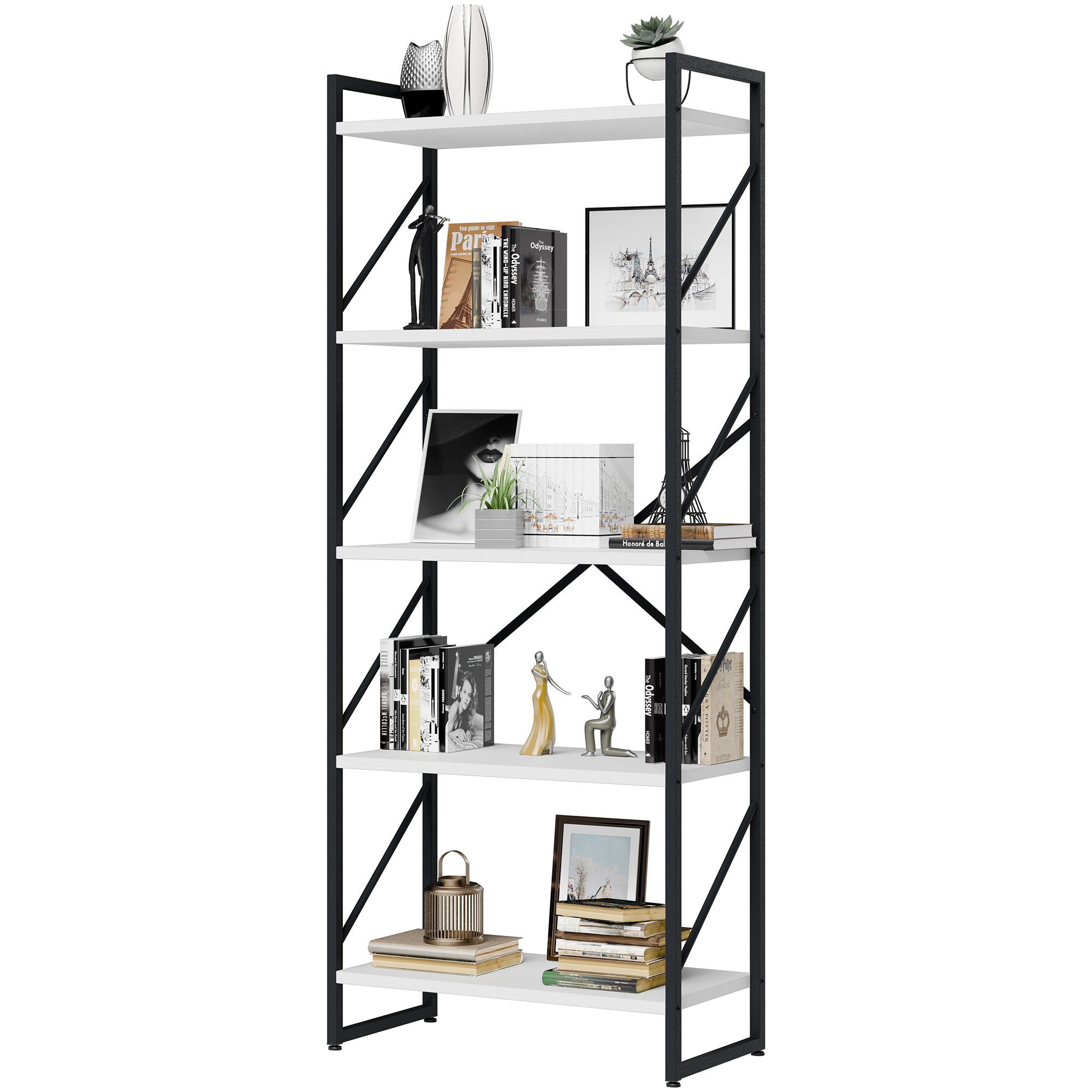Vongrasig 5 Tier Bookshelf, Modern Industrial Bookcase with Metal Frame | 62” Tall Display Shelf, Free Standing Storage Organizer for Home Office, Living Room, Bedroom