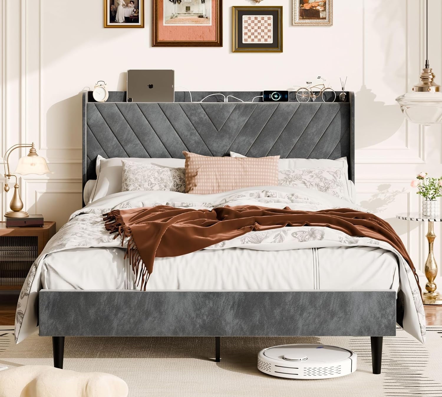 Walsunny Bed Frame with 4 Storage Drawee, Platform Bed with Upholstered Modern Geometric Lines Headboard, Solid Wood Slats Support (7504162390192)