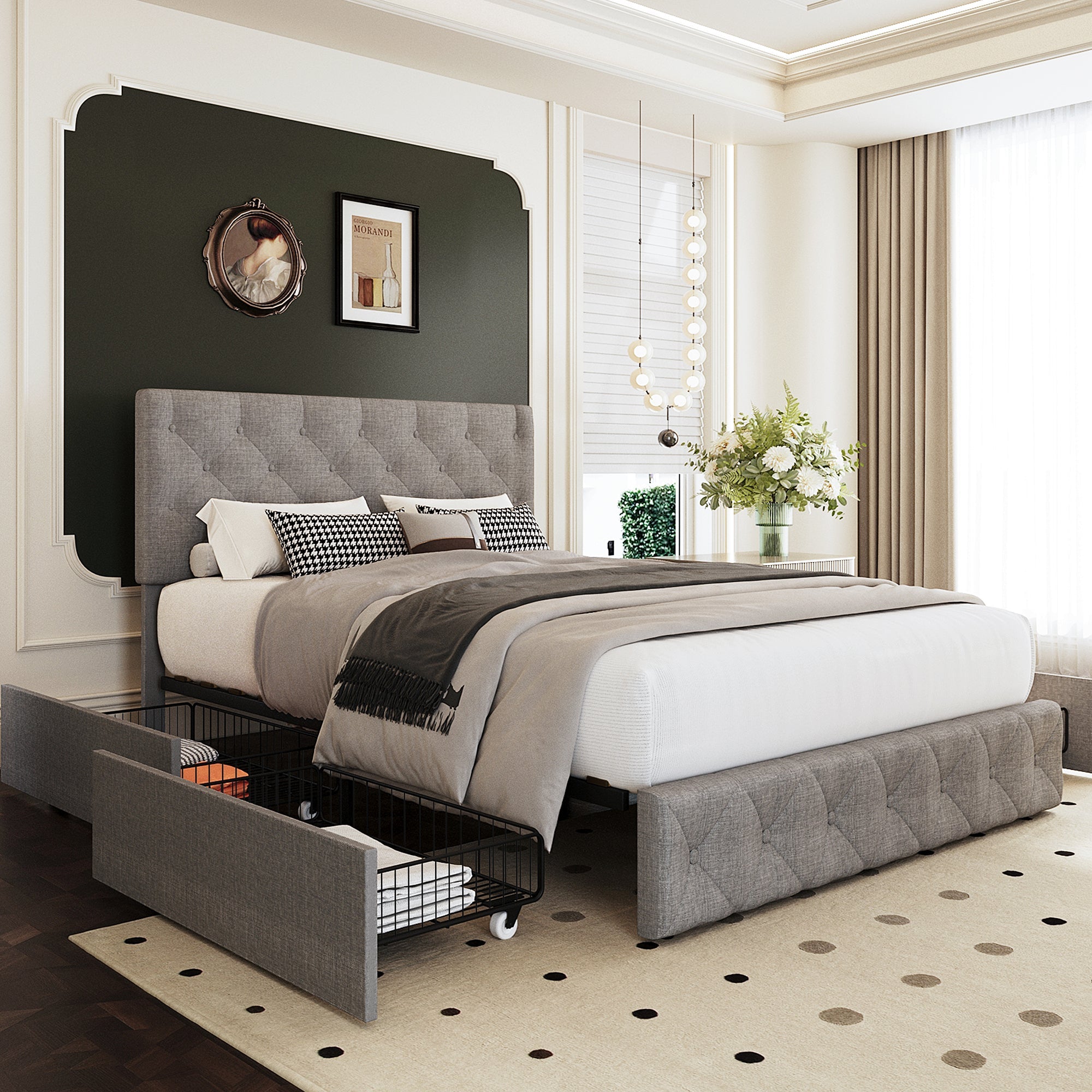 Walsunny Bed Frame with 4 Storage Drawee, Platform Bed with Upholstered Modern Geometric Lines Headboard, Solid Wood Slats Support (7504162390192)