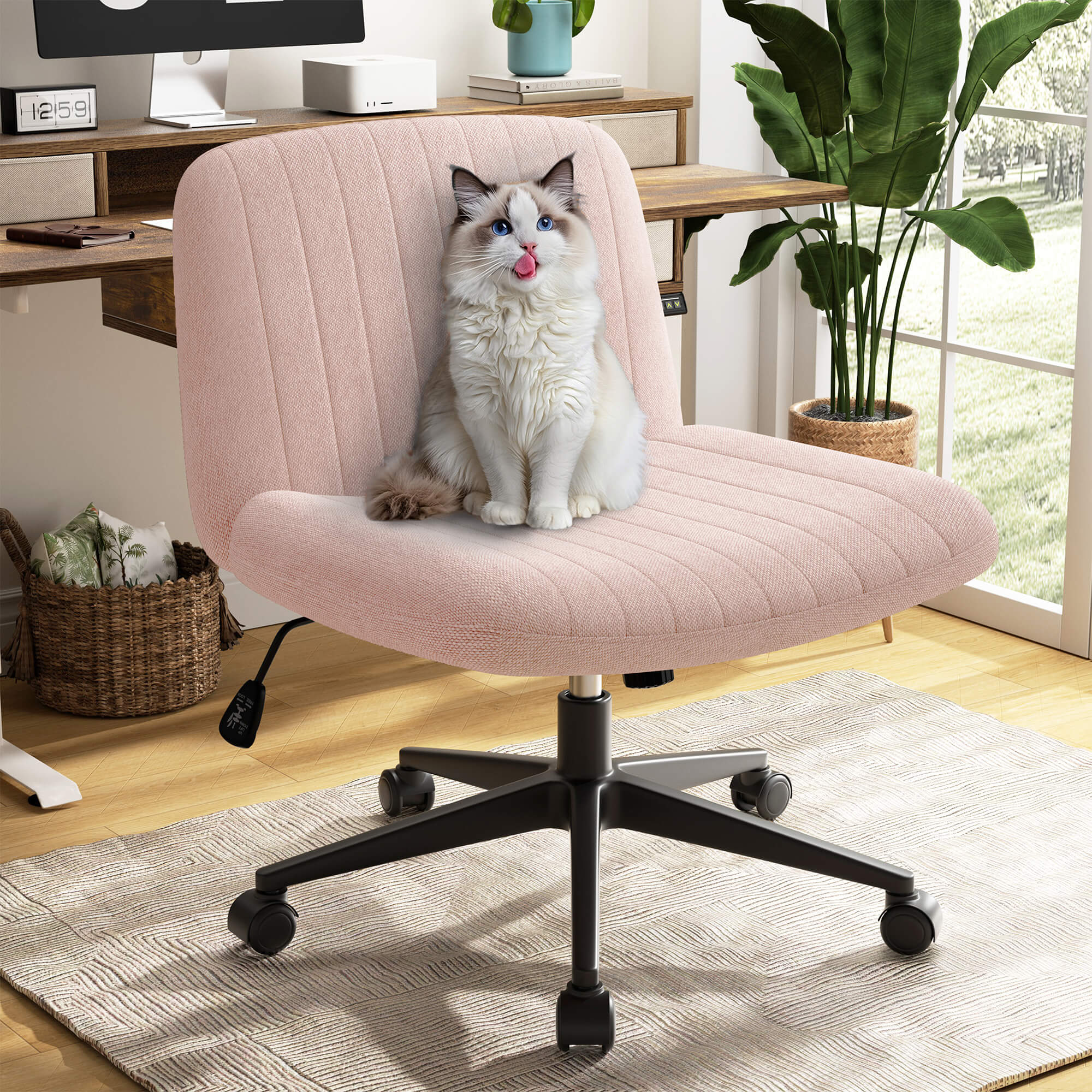 Walsunny Cross Legged Office Chair Armless Wide Chair Cross Legged Office Chair Computer Chair #color_pink #foot_pulley-foot