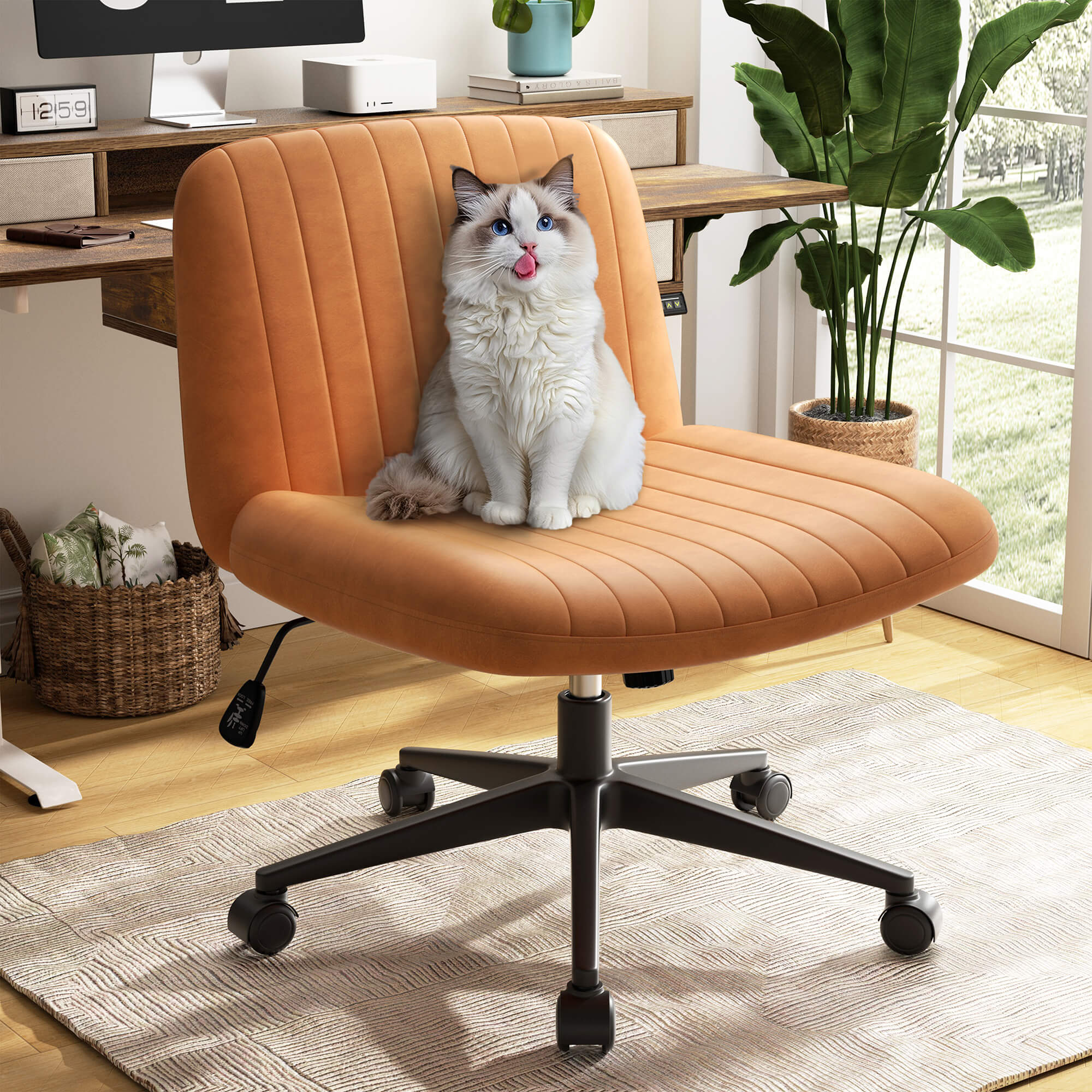 Walsunny Cross Legged Office Chair Armless Wide Chair Cross Legged Office Chair Computer Chair #color_orange #foot_pulley-foot