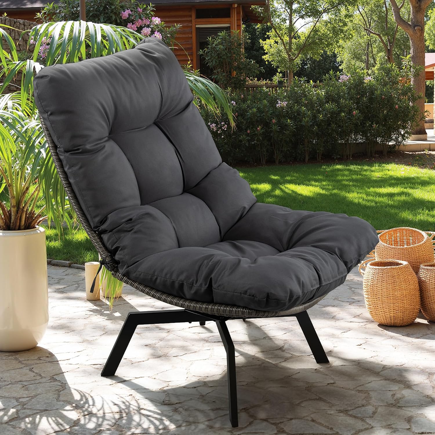Vongrasig Swivel Wicker Chair PE Rattan Chair with Cushion, Oversized Patio Lounge Chair for Outdoor, Indoor, Balcony, Backyard, Garden, Living Room