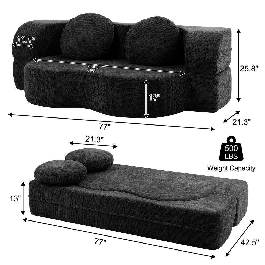 Vongrasig 77” Convertible Sofa Bed, Folding Boneless Couch, Floor Sofa 2-in-1 Curved Couch for Small Living Room, Apartment, Guest Room