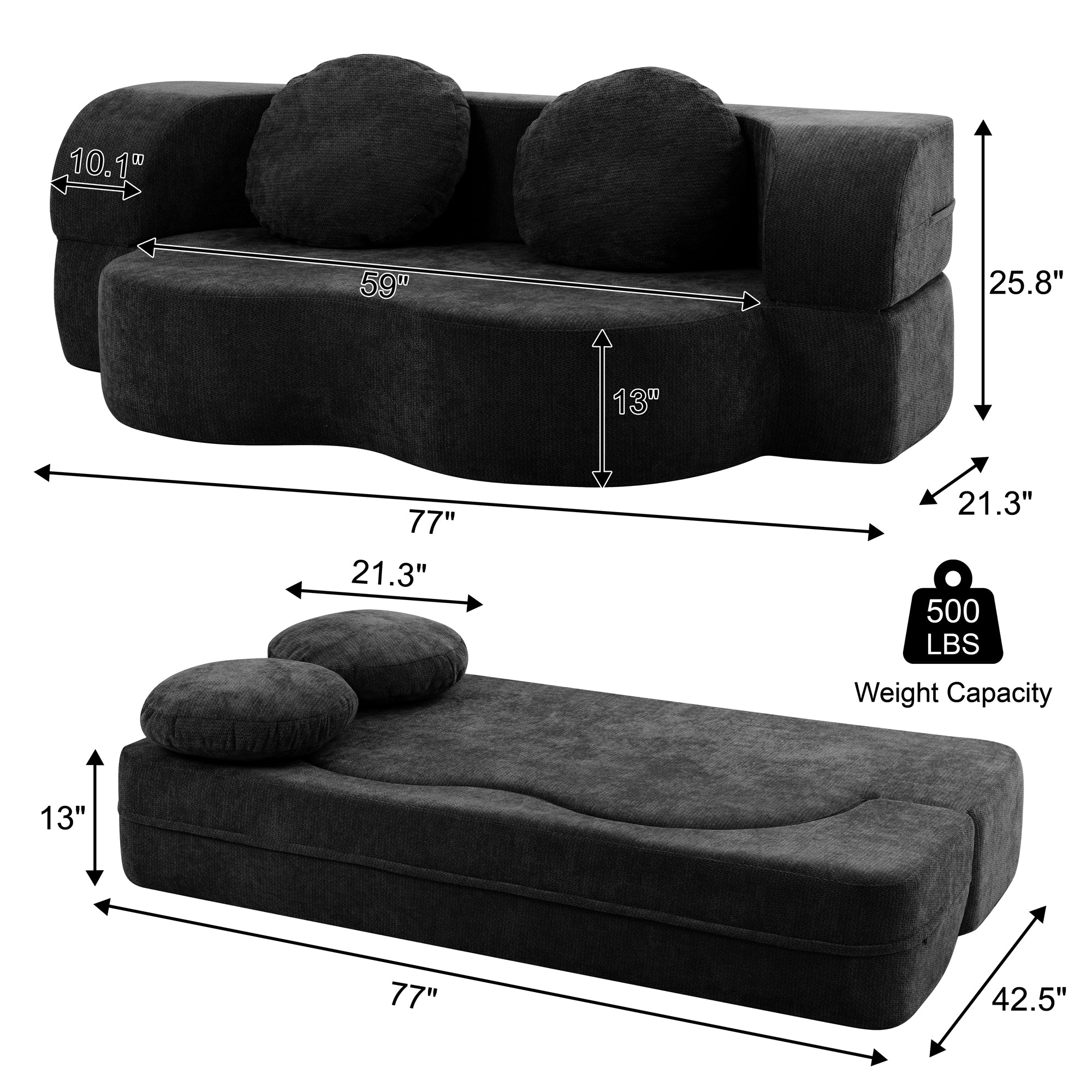 Vongrasig 77” Convertible Sofa Bed, Folding Boneless Couch, Floor Sofa 2-in-1 Curved Couch for Small Living Room, Apartment, Guest Room
