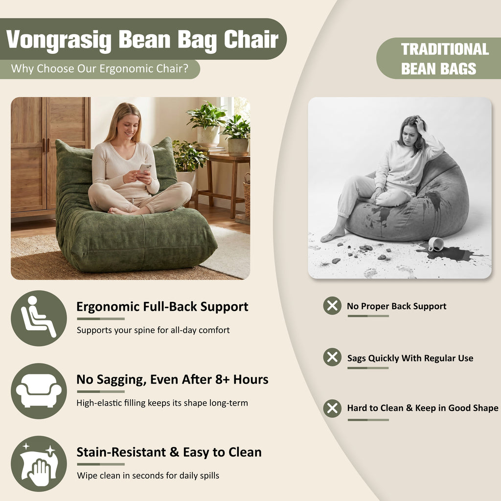 Vongrasig Bean Bag Chair for Adults, Line Fabric Lazy Sofa Couch, Memory Foam Filled Bean Bag Lounge Chair Perfect for Living Room, Bedroom and Office