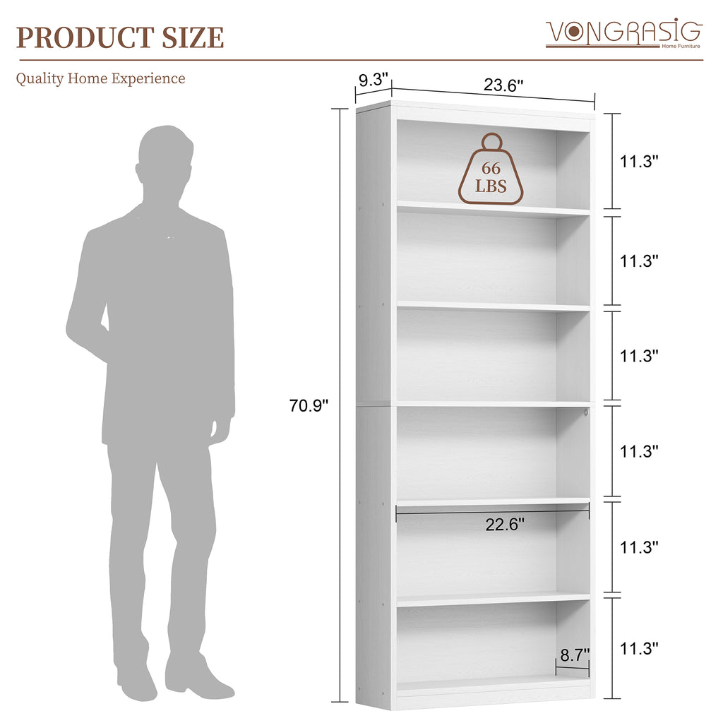 Vongrasig 6-Tier Open Bookshelf, Modern Wood Bookcase| 71" Tall Floor Standing Bookcase, Wood Display Storage Shelf for Home Office Living Room