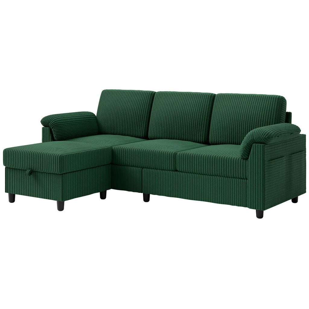 Vongrasig Convertible Sectional Sofa Couch, 3 Seat L Shaped Sofa with Removable Pillows Soft Corduroy Fabric Small Couch Mid Century for Living Room, Apartment and Office, Green