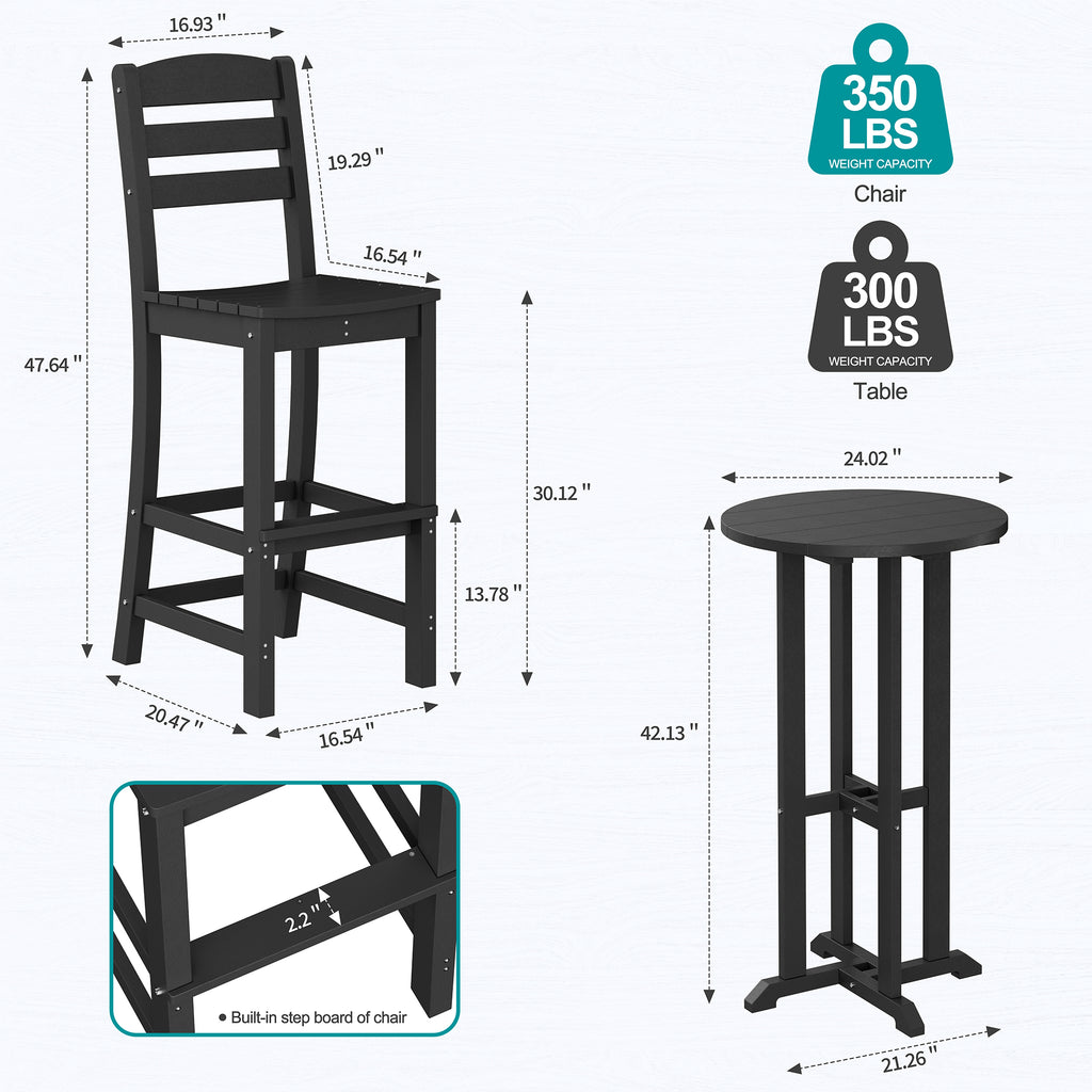 Vongrasig 3 Piece Patio Bar Set, All Weather HDPE High Bistro Stools Chair Set of 2 and Round Pub Bar Table, Outdoor High Top Patio Set for Lawn Garden, Balcony