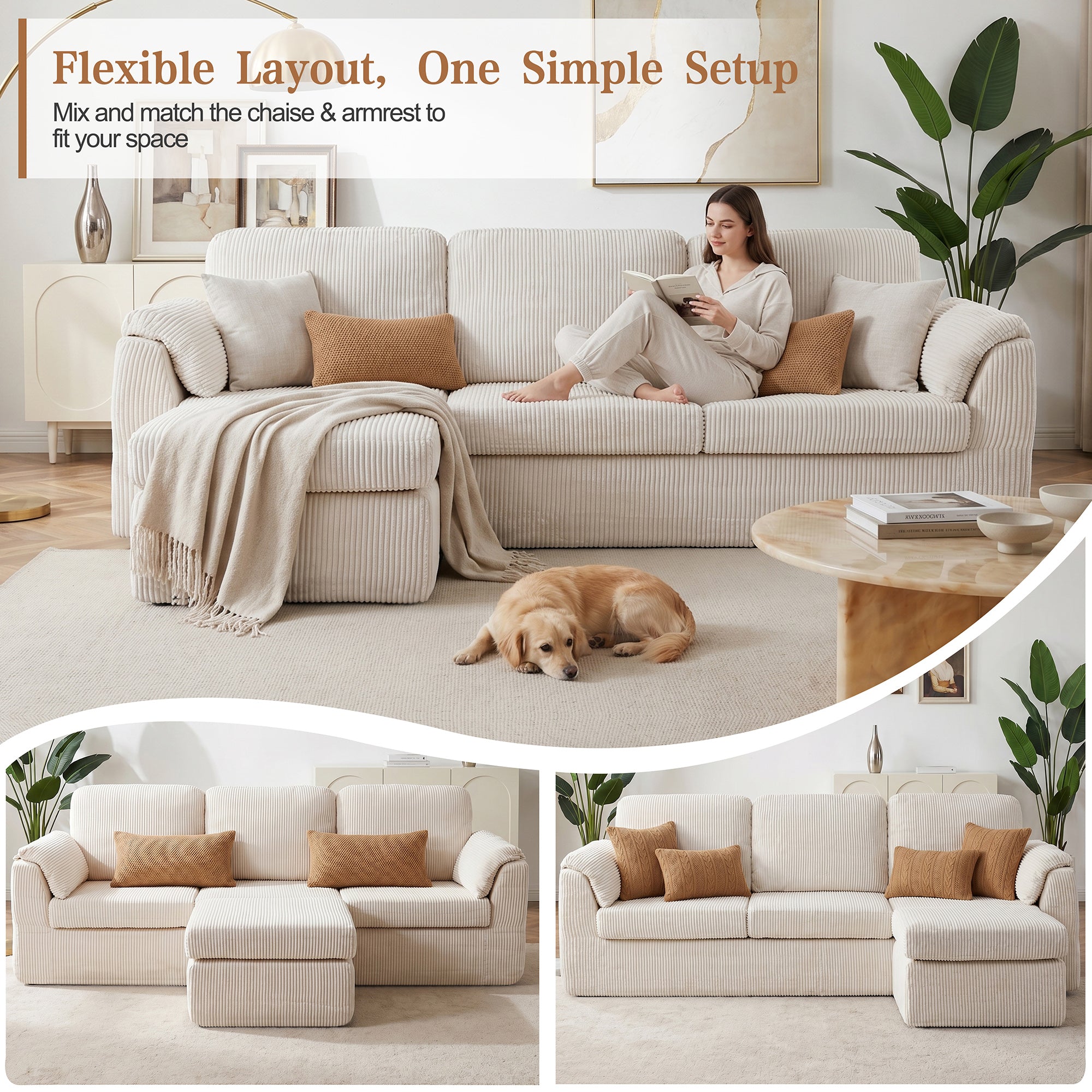Vongrasig Boneless Convertible Sectional Sofa Couch, 3 Seat L Shaped Sofa with Removable Pillows Plush Corduroy Fabric Small Couches for Living Room, Apartment and Office, White
