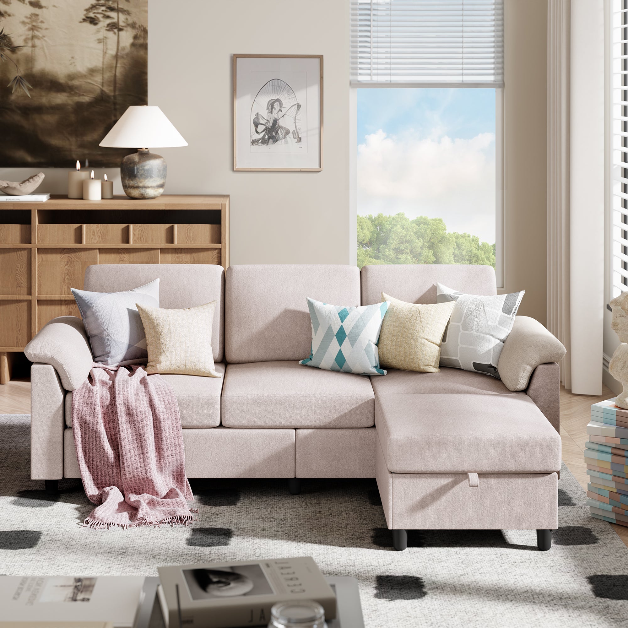 Walsunny 3 Seat L-Shaped Sectional Sofa With Movable Ottoman#color_khaki