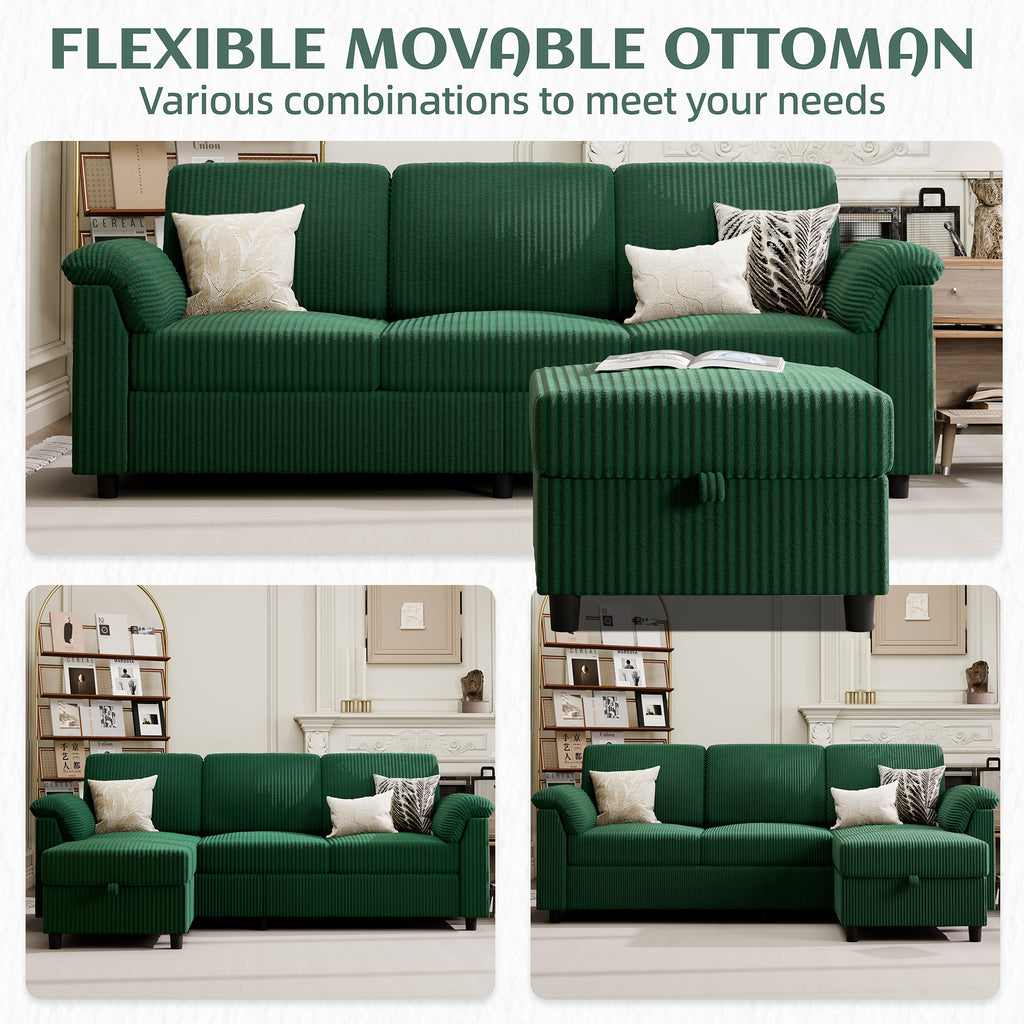 Vongrasig Convertible Sectional Sofa Couch, 3 Seat L Shaped Sofa with Removable Pillows Soft Corduroy Fabric Small Couch Mid Century for Living Room, Apartment and Office, Green