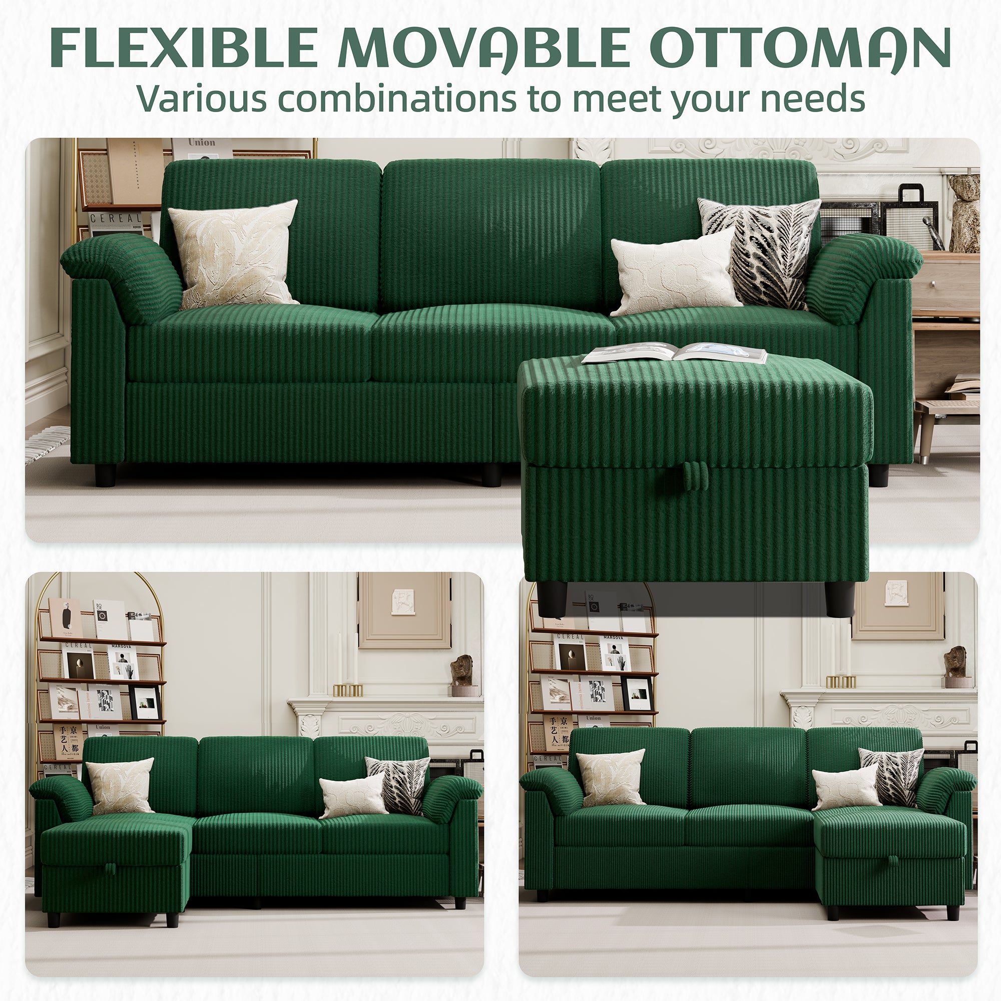 Vongrasig Convertible Sectional Sofa Couch, 3 Seat L Shaped Sofa with Removable Pillows Soft Corduroy Fabric Small Couch Mid Century for Living Room, Apartment and Office, Green