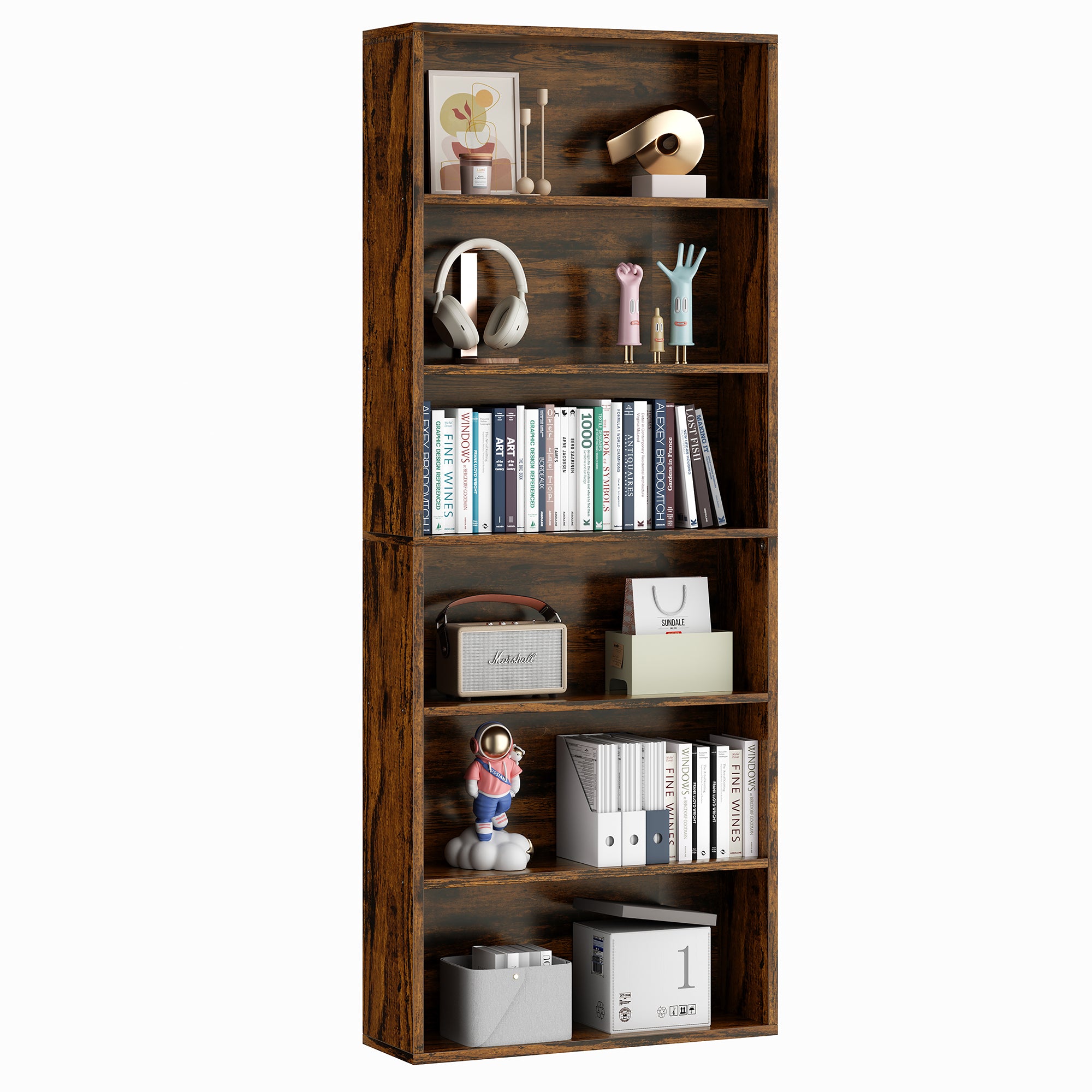 Vongrasig 6-Tier Open Bookcase and Bookshelf, Floor Standing Wood Display Storage Shelves 71 Inch Tall Bookcase Home Decor Furniture for Home Office, Living Room, Bed Room