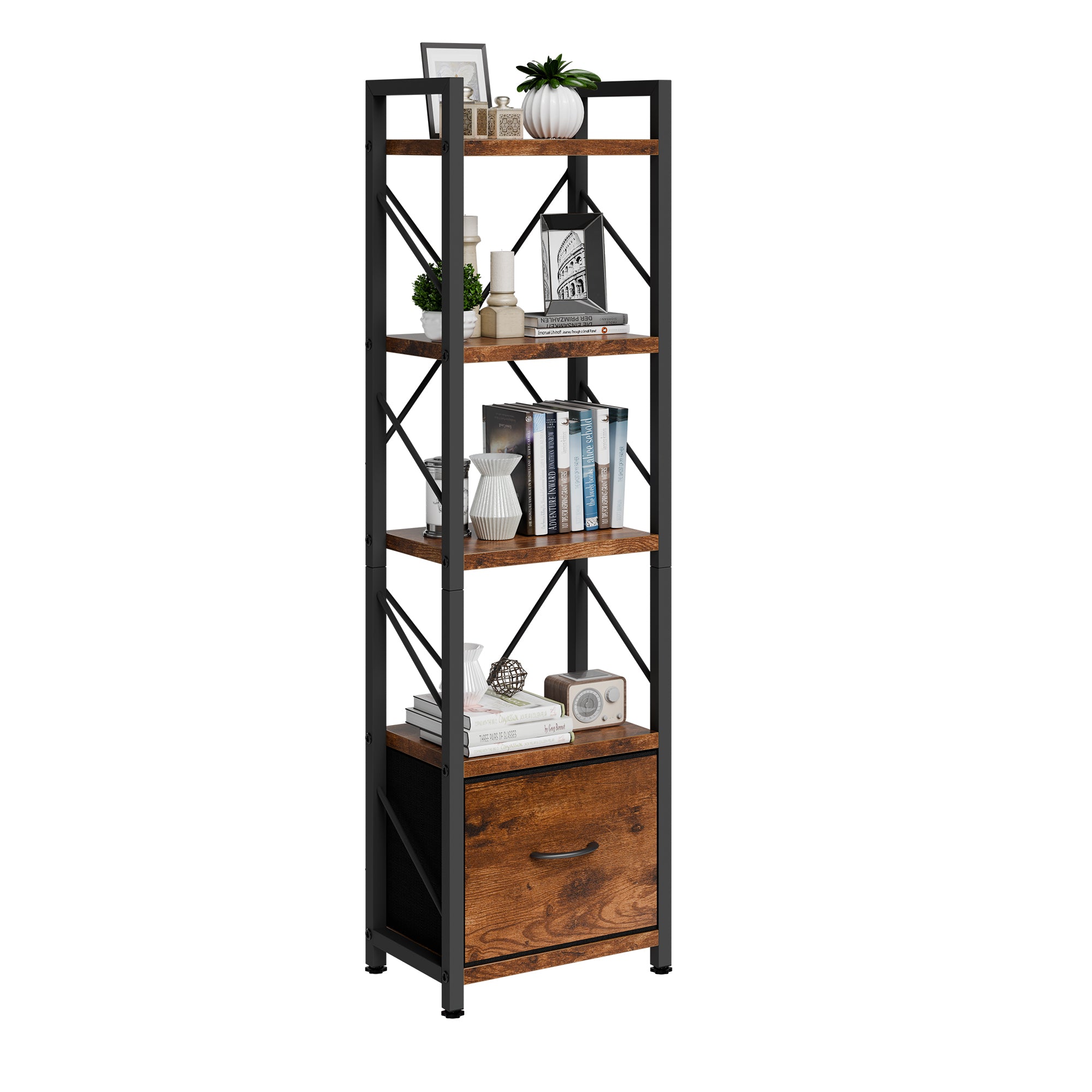 Vongrasig 5 Tier Bookshelf with Drawer, Industrial Tall Narrow Bookcase, Display Shelf Modern Wood and Metal Bookshelves, Free Standing Storage Organizer for Office, Living Room