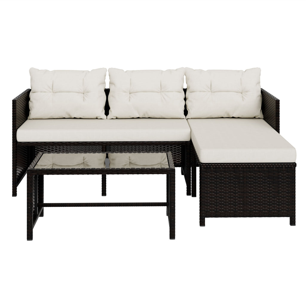 Vongrasig 3 Pieces Patio Furniture Sets, All-Weather Wicker Outdoor Sofa Couch Sectional Set, Small Conversation Set for Patio, Garden w/Cushion, Glass Table