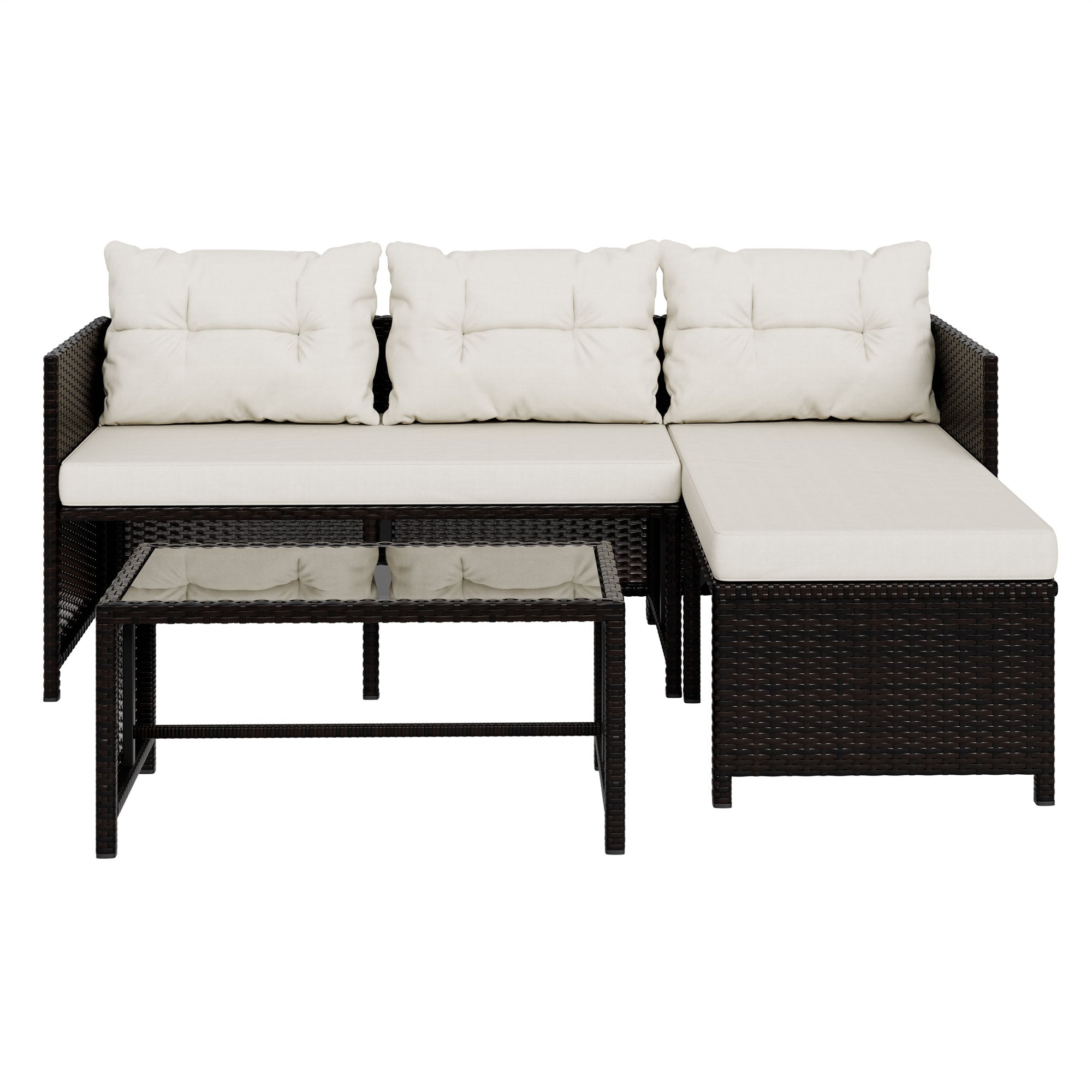 Vongrasig 3 Pieces Patio Furniture Sets, All-Weather Wicker Outdoor Sofa Couch Sectional Set, Small Conversation Set for Patio, Garden w/Cushion, Glass Table