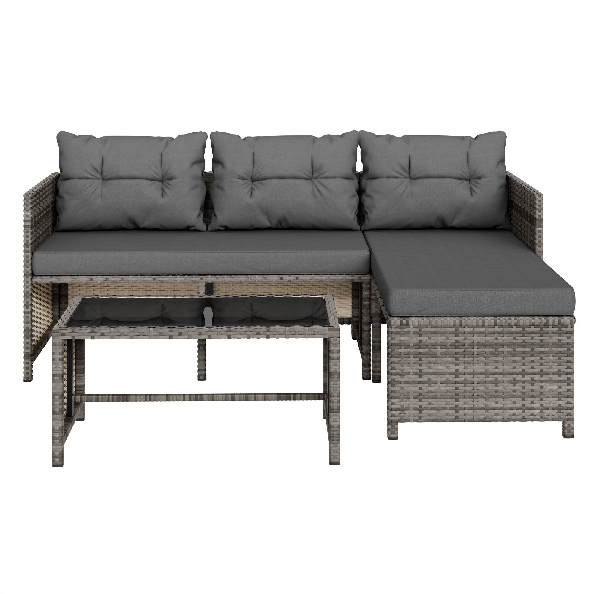 Vongrasig 3 Pieces Patio Furniture Sets, All-Weather Wicker Outdoor Sofa Couch Sectional Set, Small Conversation Set for Patio, Garden w/Cushion, Glass Table