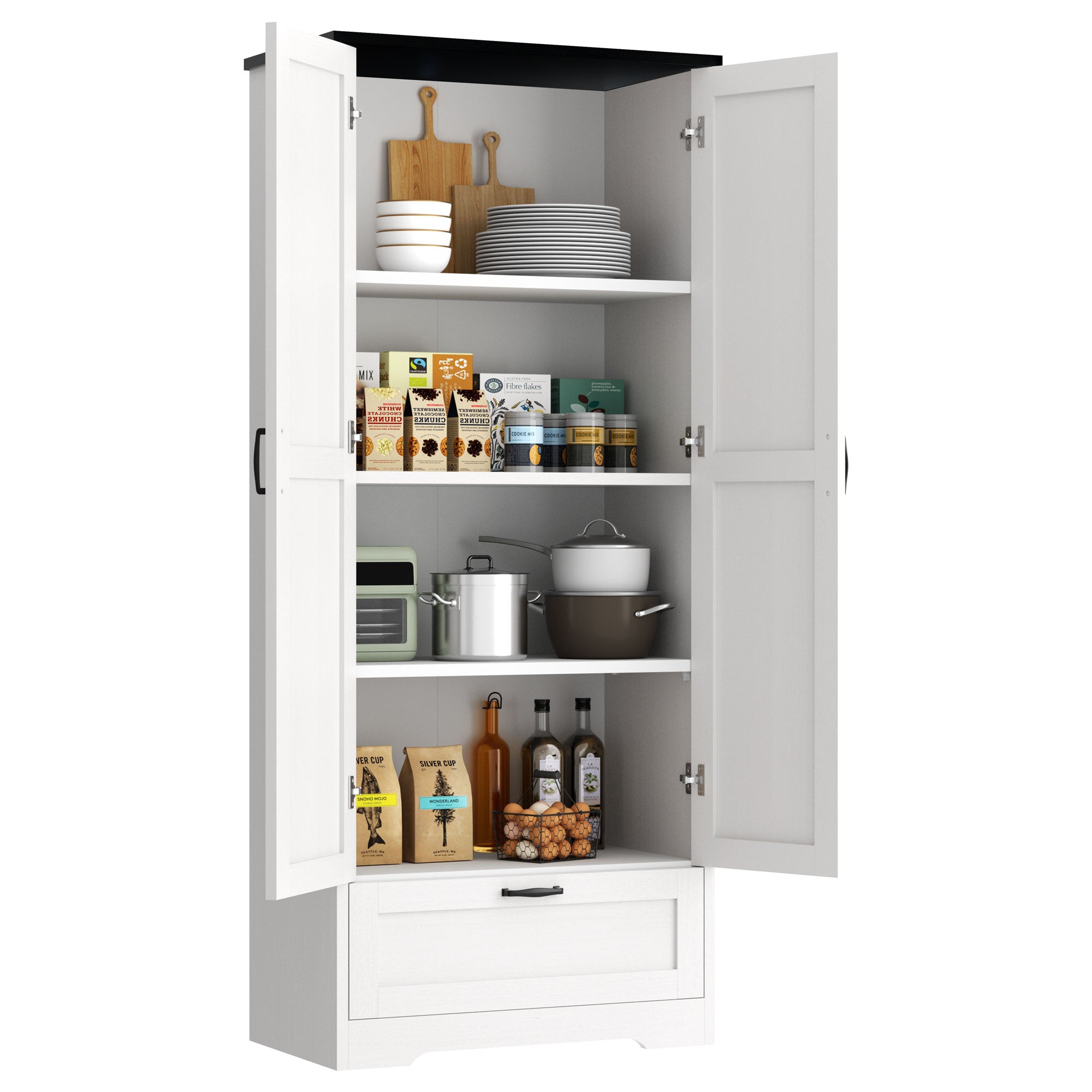 Vongrasig Kitchen Pantry Storage Cabinet with Barn Doors, Drawer and Adjustable Shelves, 4-Tier Tall Rustic Wood Cupboard Locker for Kitchen, Living Room, Bathroom, Dining Room