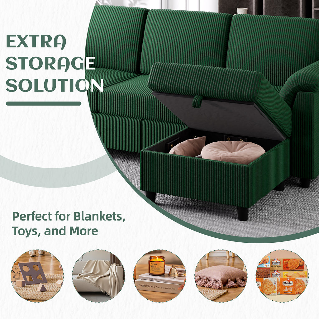 Vongrasig Convertible Sectional Sofa Couch, 3 Seat L Shaped Sofa with Removable Pillows Soft Corduroy Fabric Small Couch Mid Century for Living Room, Apartment and Office, Green