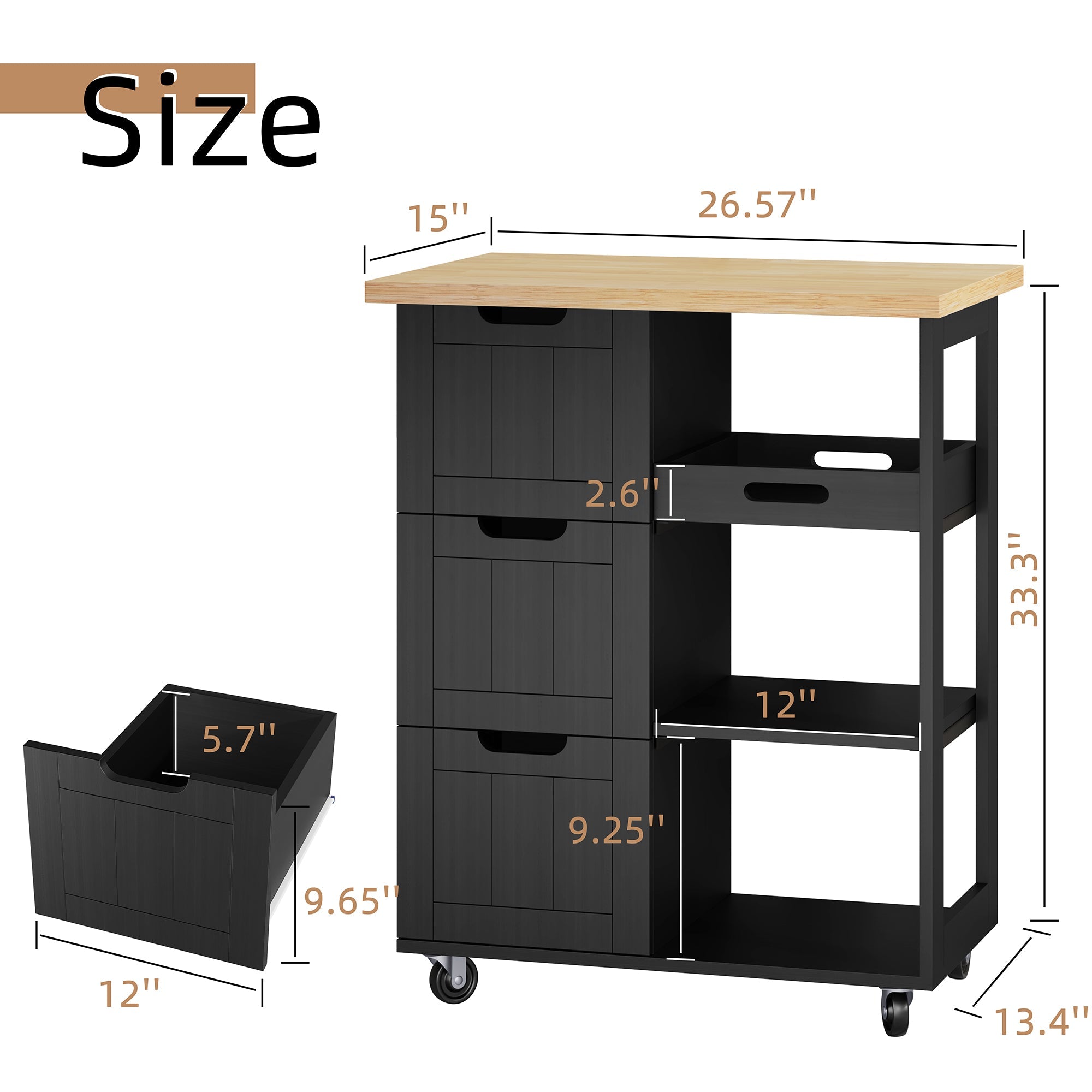 Walsunny 26.57¡®¡¯ Rolling Kitchen Island Storage & Bar Cart with Solid Wood Top#color_black (7278481932464)