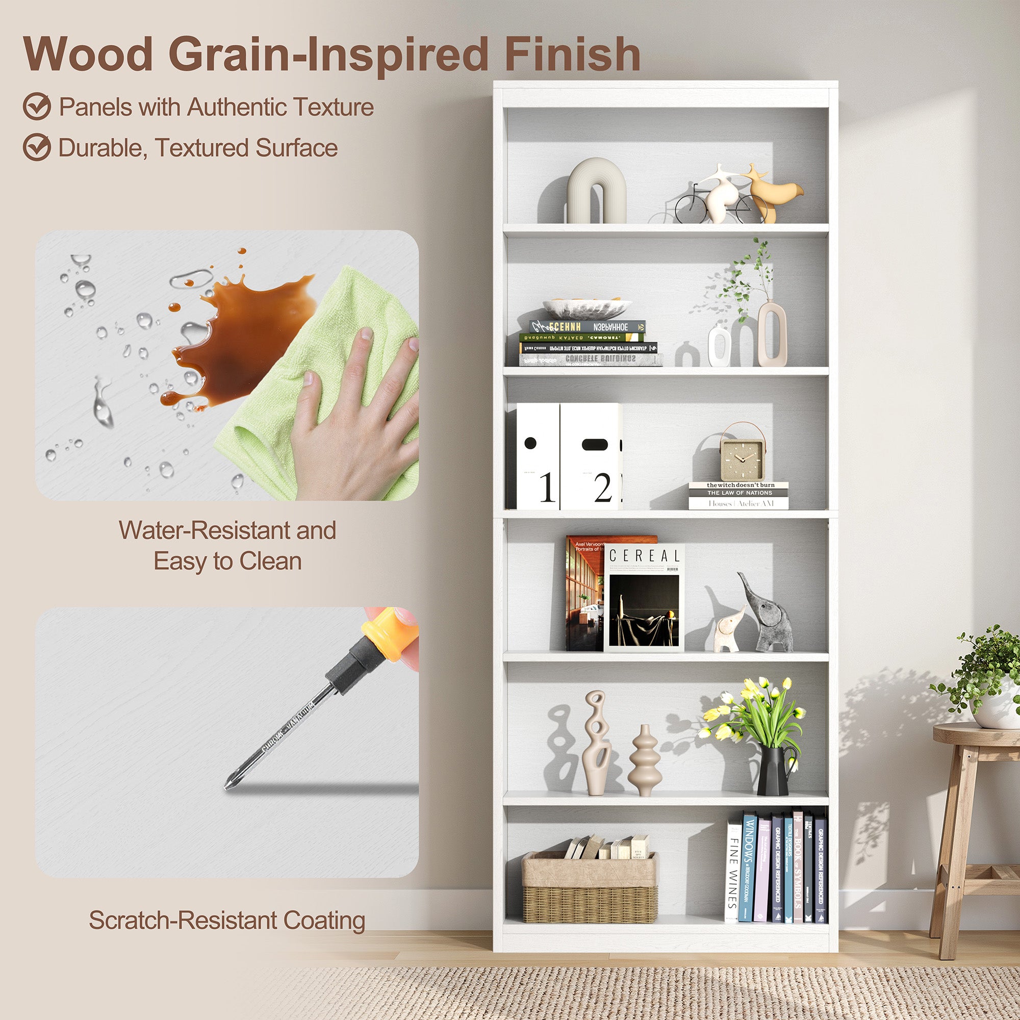 Vongrasig 6-Tier Open Bookshelf, Modern Wood Bookcase| 71" Tall Floor Standing Bookcase, Wood Display Storage Shelf for Home Office Living Room
