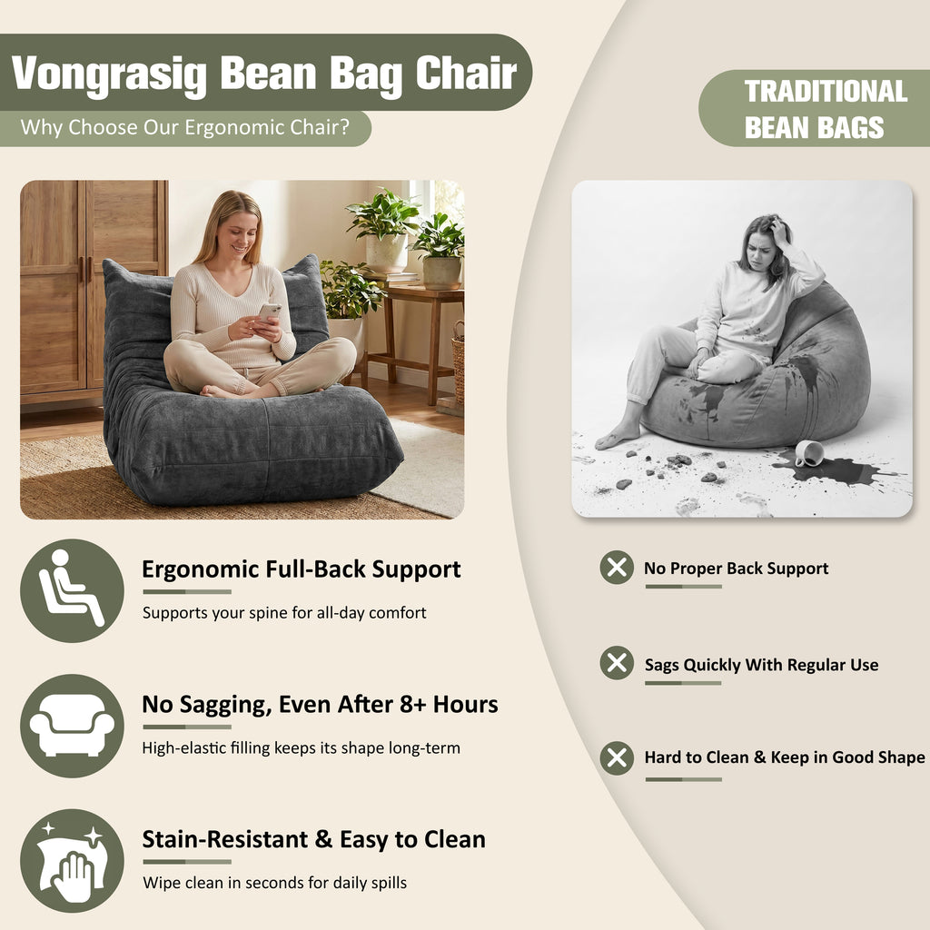 Vongrasig Bean Bag Chair for Adults, Line Fabric Lazy Sofa Couch, Memory Foam Filled Bean Bag Lounge Chair Perfect for Living Room, Bedroom and Office