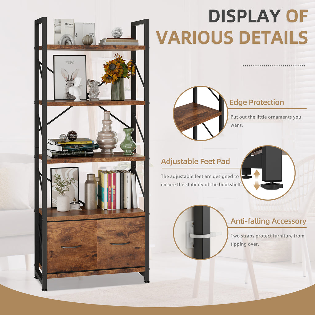 Vongrasig 5 Tier Bookshelf with Drawer, Industrial Tall Narrow Bookcase, Display Shelf Modern Wood and Metal Bookshelves, Free Standing Storage Organizer for Office, Living Room