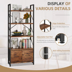 Vongrasig 5 Tier Bookshelf with Drawer, Industrial Tall Narrow Bookcase, Display Shelf Modern Wood and Metal Bookshelves, Free Standing Storage Organizer for Office, Living Room
