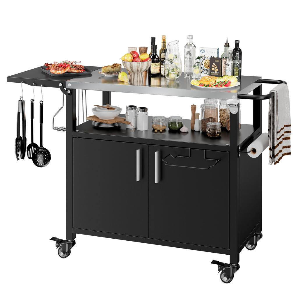 Vongrasig Outdoor Grill Cart, Patio Kitchen Island with Storage, Outdoor Bar Table BBQ Cart Pizza Oven Table with Foldable Stainless Steel Top & Wheels