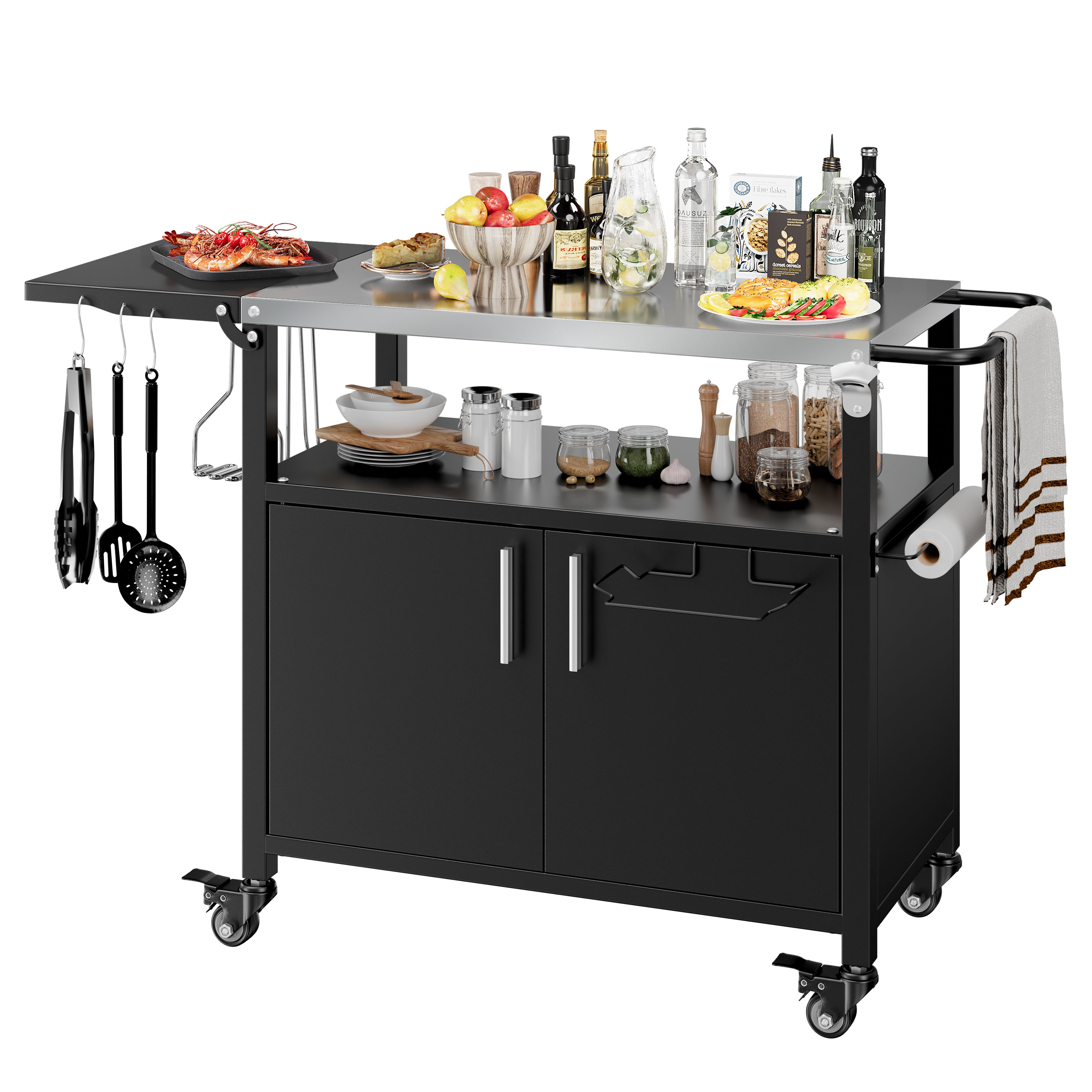Vongrasig Outdoor Grill Cart, Patio Kitchen Island with Storage, Outdoor Bar Table BBQ Cart Pizza Oven Table with Foldable Stainless Steel Top & Wheels