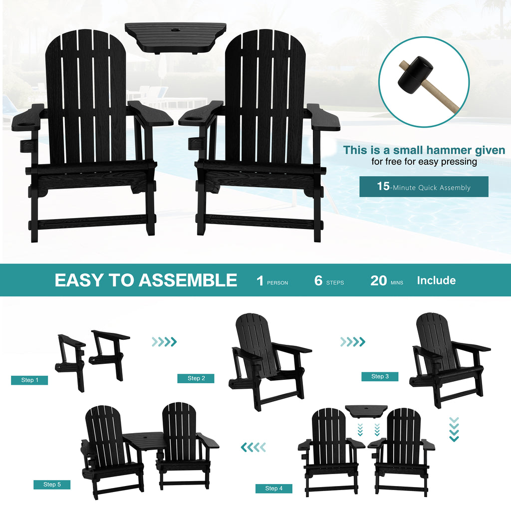 Vongrasig Adirondack Chairs Set of 2 with Removable Tabletop, Outdoor HDPE Plastic Fire Pit Chair Set with Wooden Textured, Cup Holder for Patio, Poolside, Deck, Garden