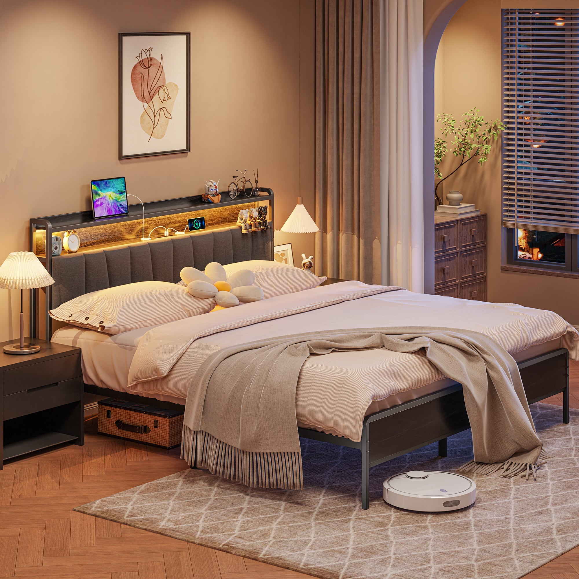 Walsunny Bed Frame with Led Light and 2 Drawers Metal Platform Bed with Button Tufted Headboard Strong Metal Slats (7504175136944)