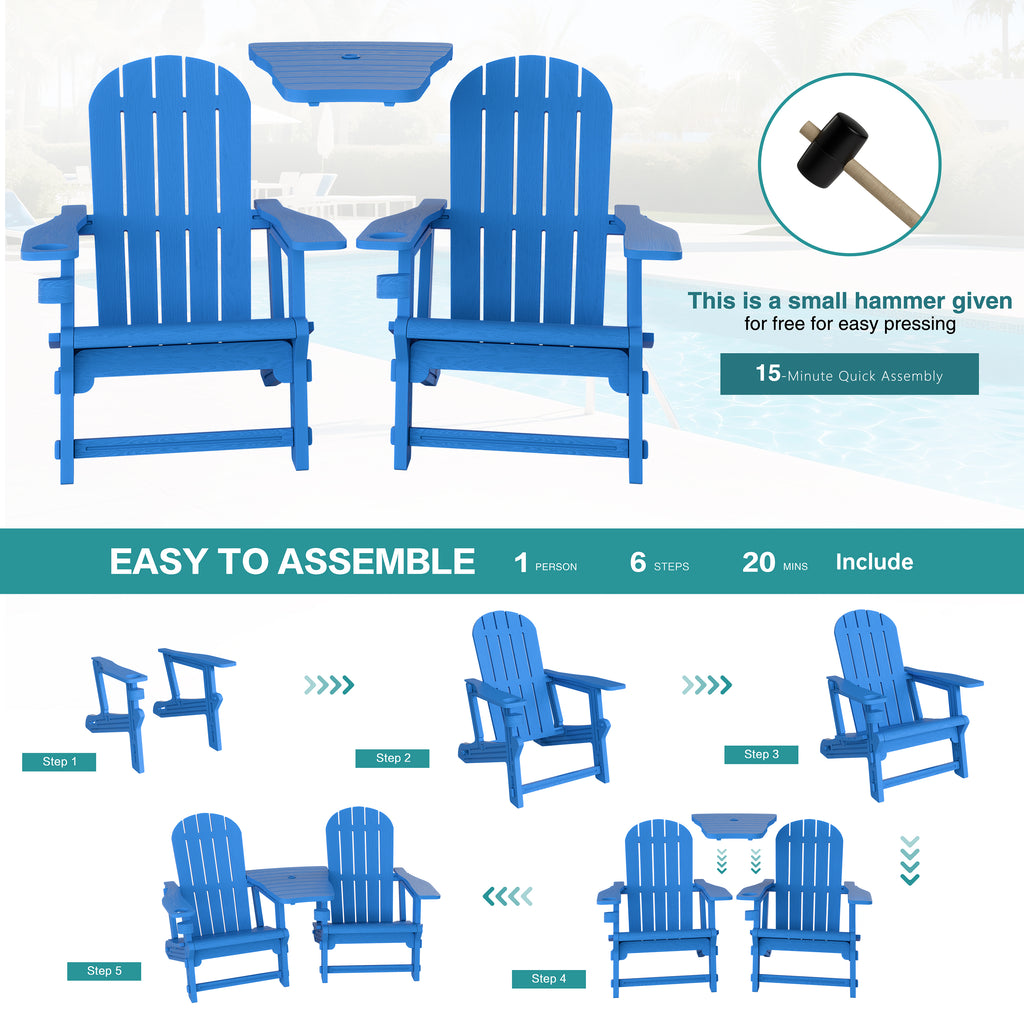 Vongrasig Adirondack Chairs Set of 2 with Removable Tabletop, Outdoor HDPE Plastic Fire Pit Chair Set with Wooden Textured, Cup Holder for Patio, Poolside, Deck, Garden