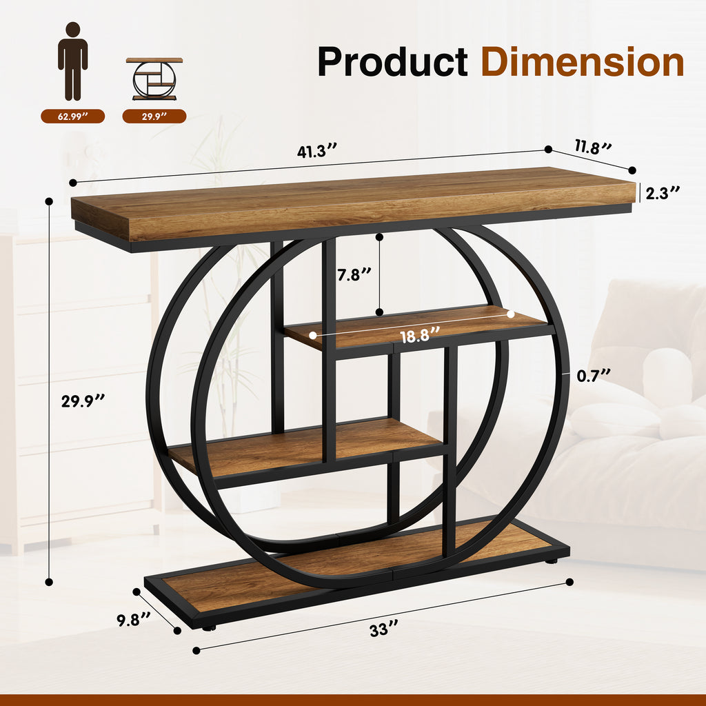 Vongrasig Console Table with Circle Base, Industrial Narrow Entryway Table with Storage, 4-Tier Wood Sofa Table for Living Room, Hallway